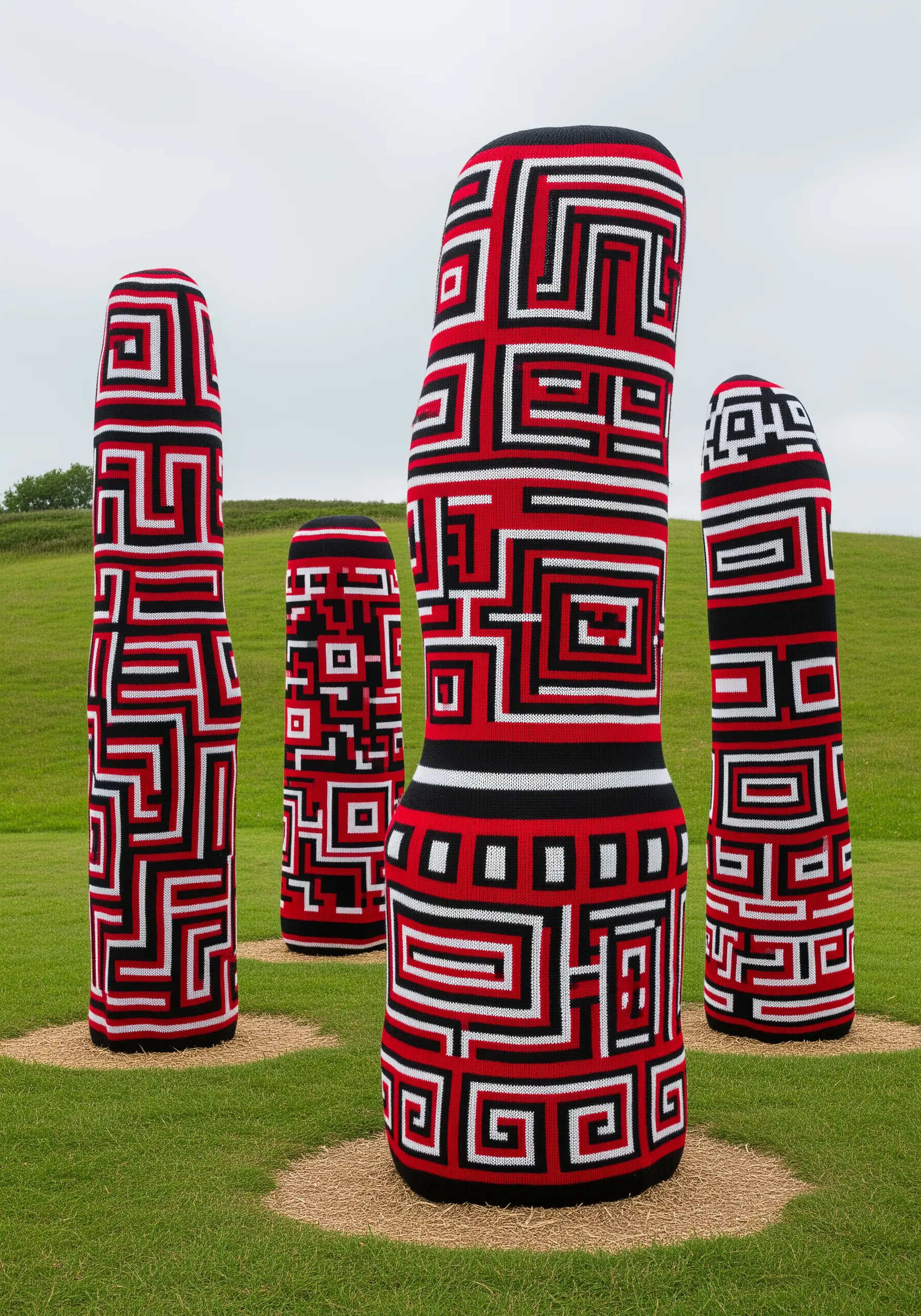 Tall, cylindrical sculptures covered in a red, black, and white geometric Bargello pattern.