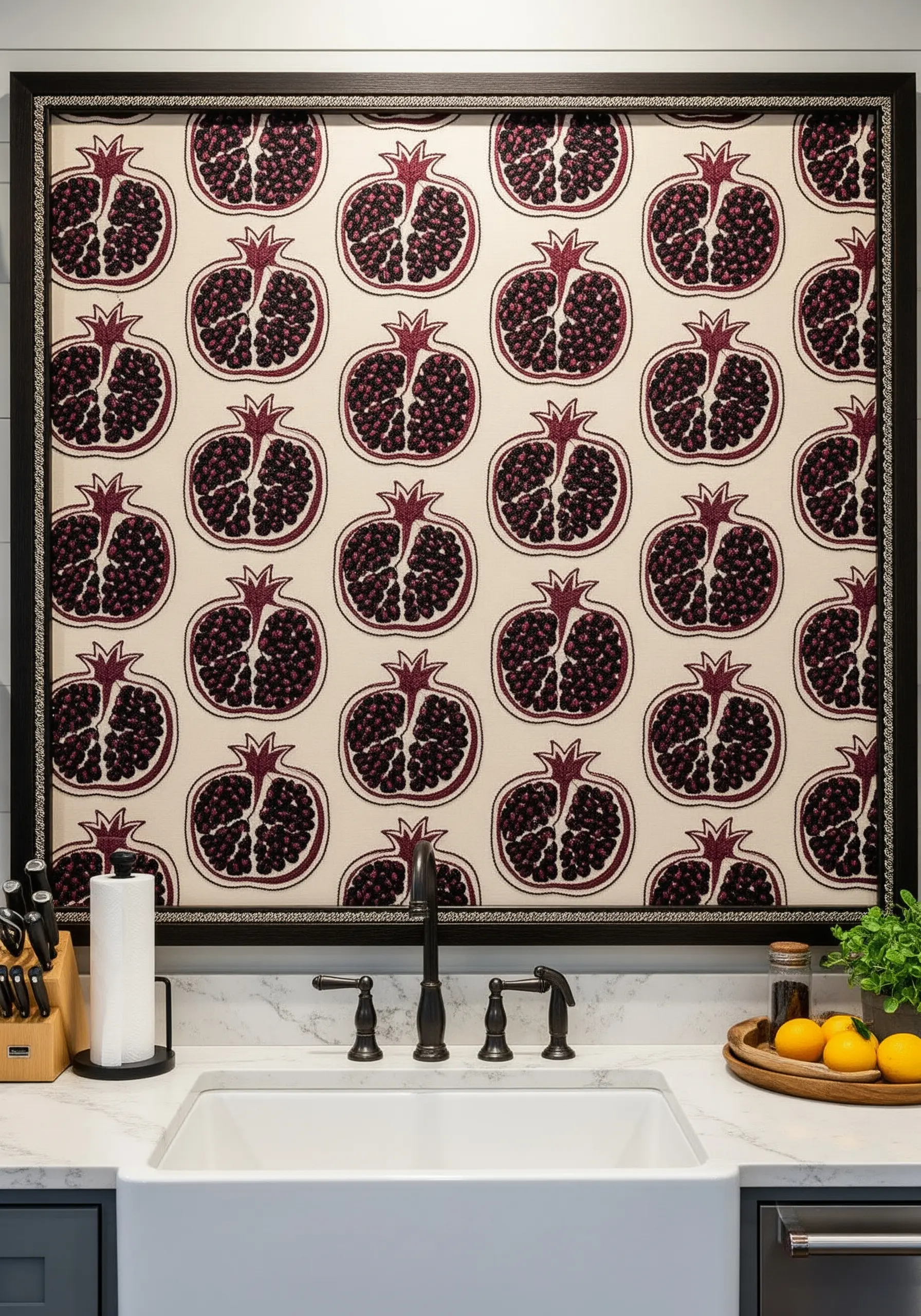 Framed textile art with a repeating pattern of embroidered pomegranates.