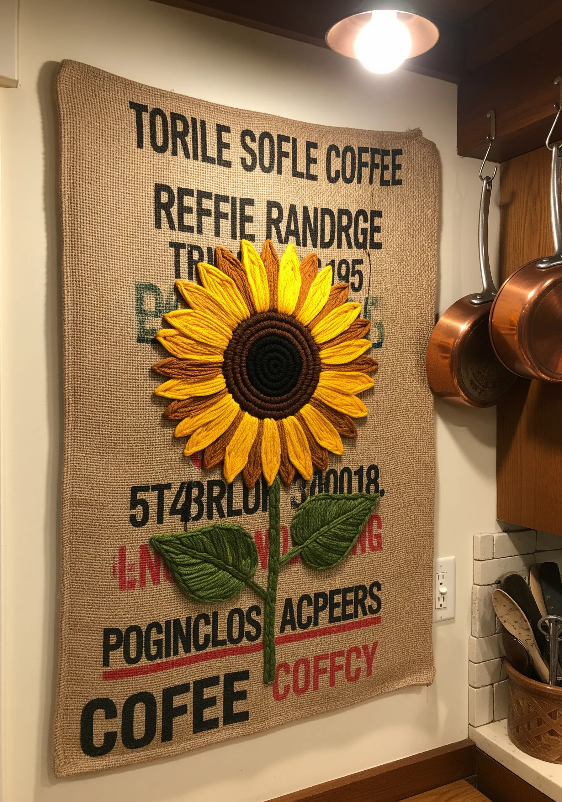 A large sunflower embroidered with thick yarn onto a burlap coffee sack wall hanging.