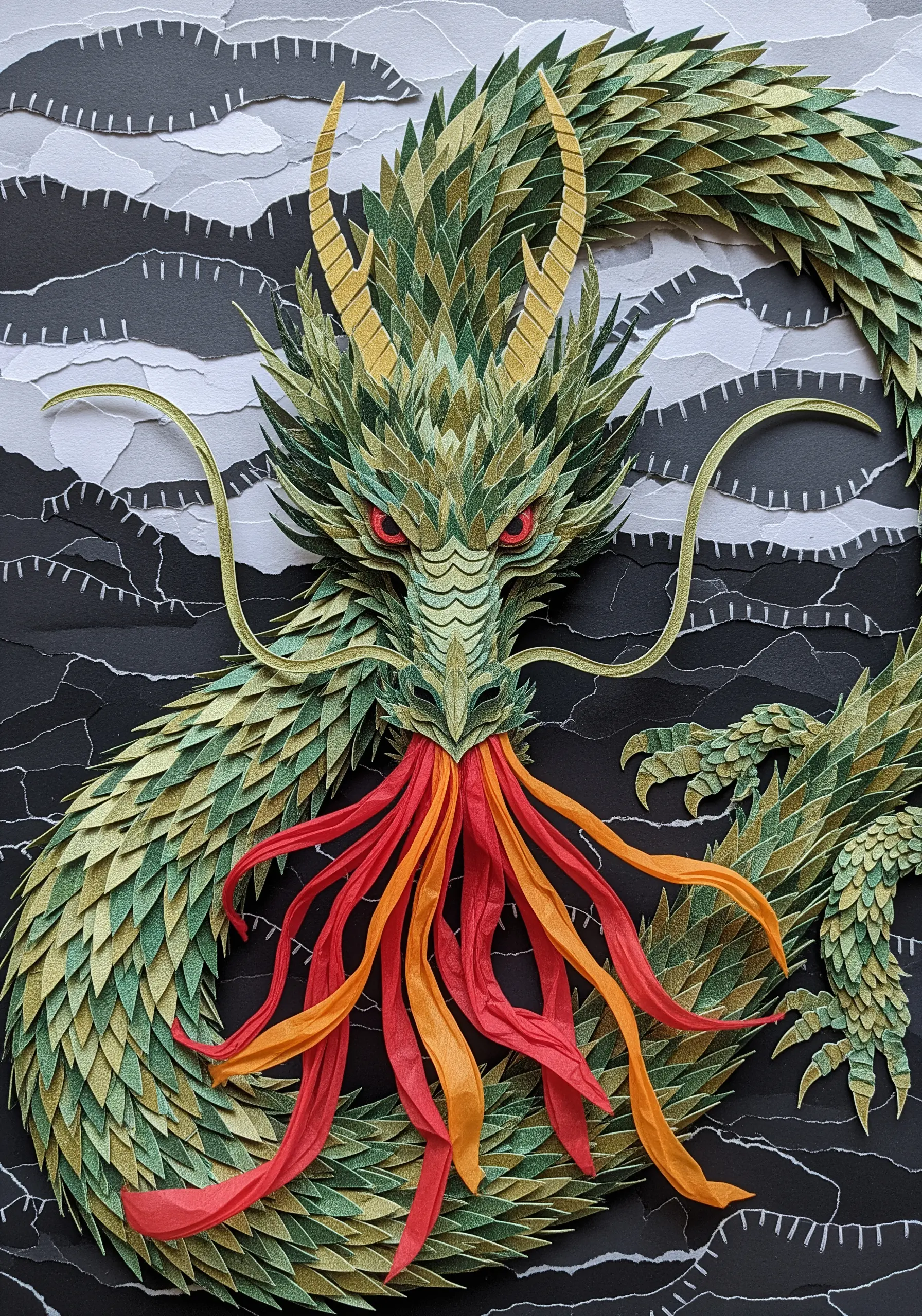 An incredibly detailed paper sculpture of a green and gold dragon with layered scales.