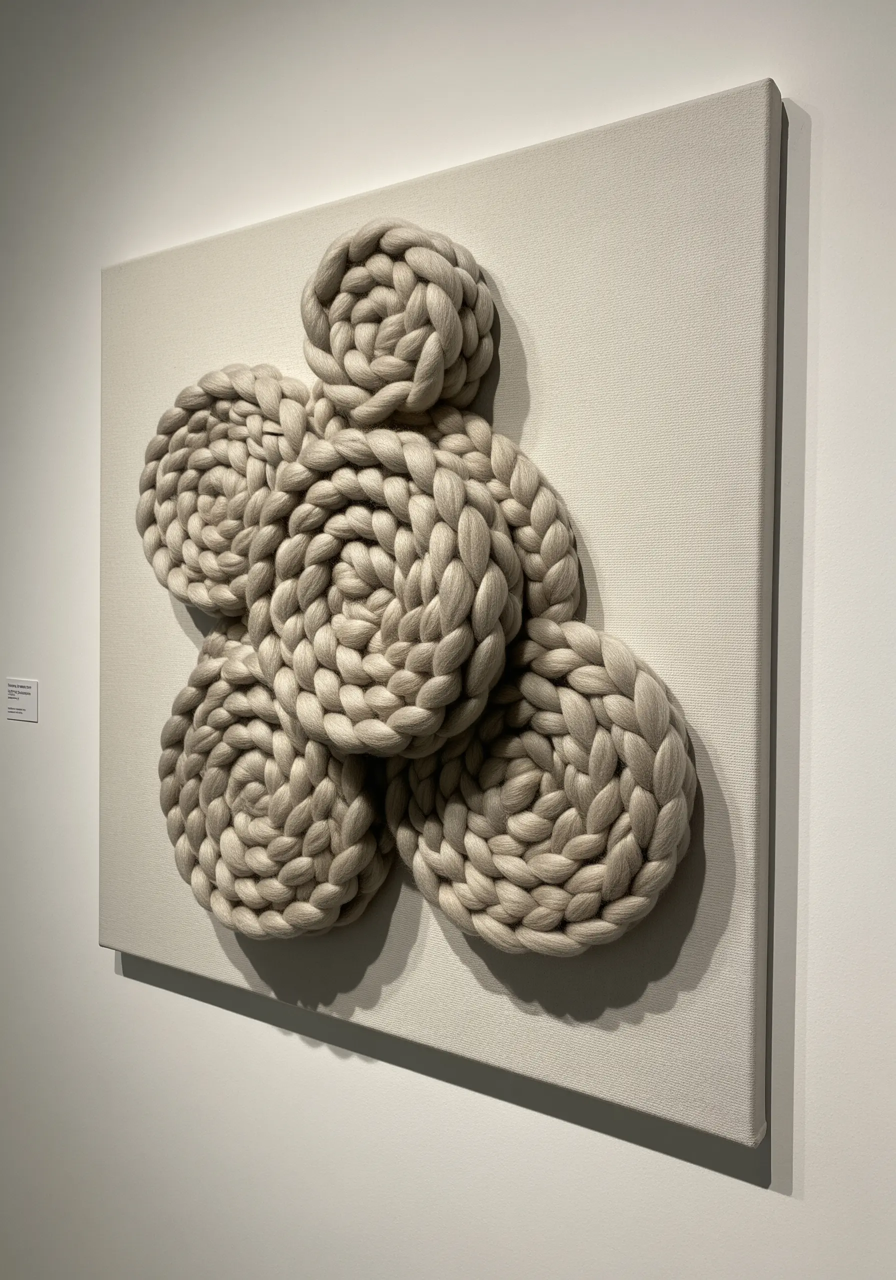A canvas with sculptural, coiled forms made from thick, arm-knitted neutral yarn.