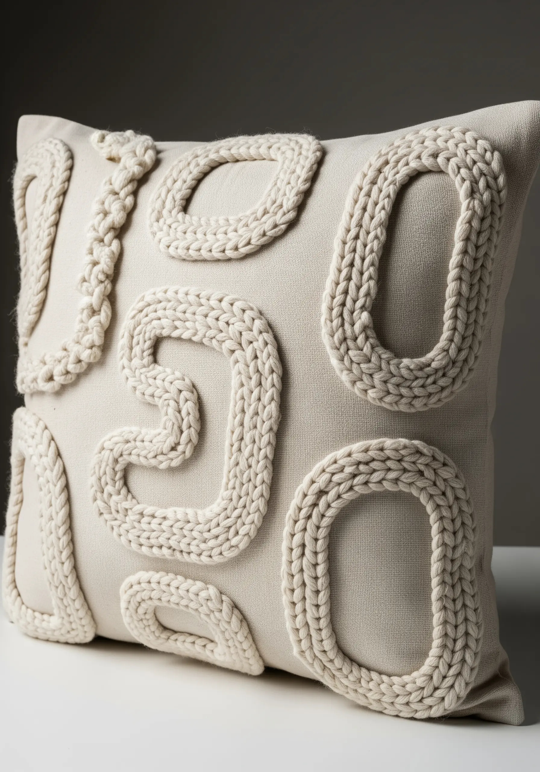 Abstract raised braided embroidery in off-white yarn on a neutral cushion.
