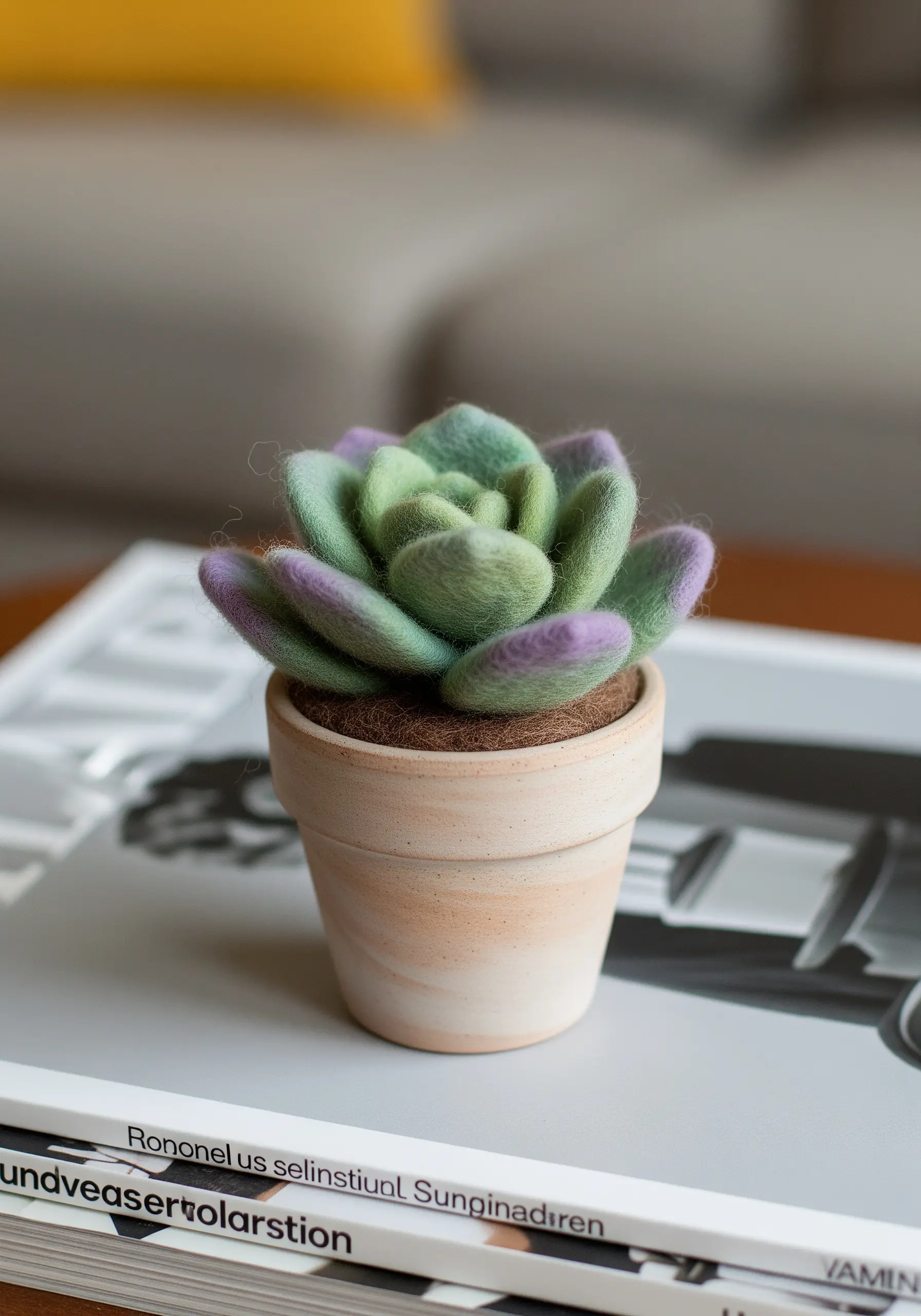 A small, realistic succulent made from needle-felted wool in a tiny terracotta pot.