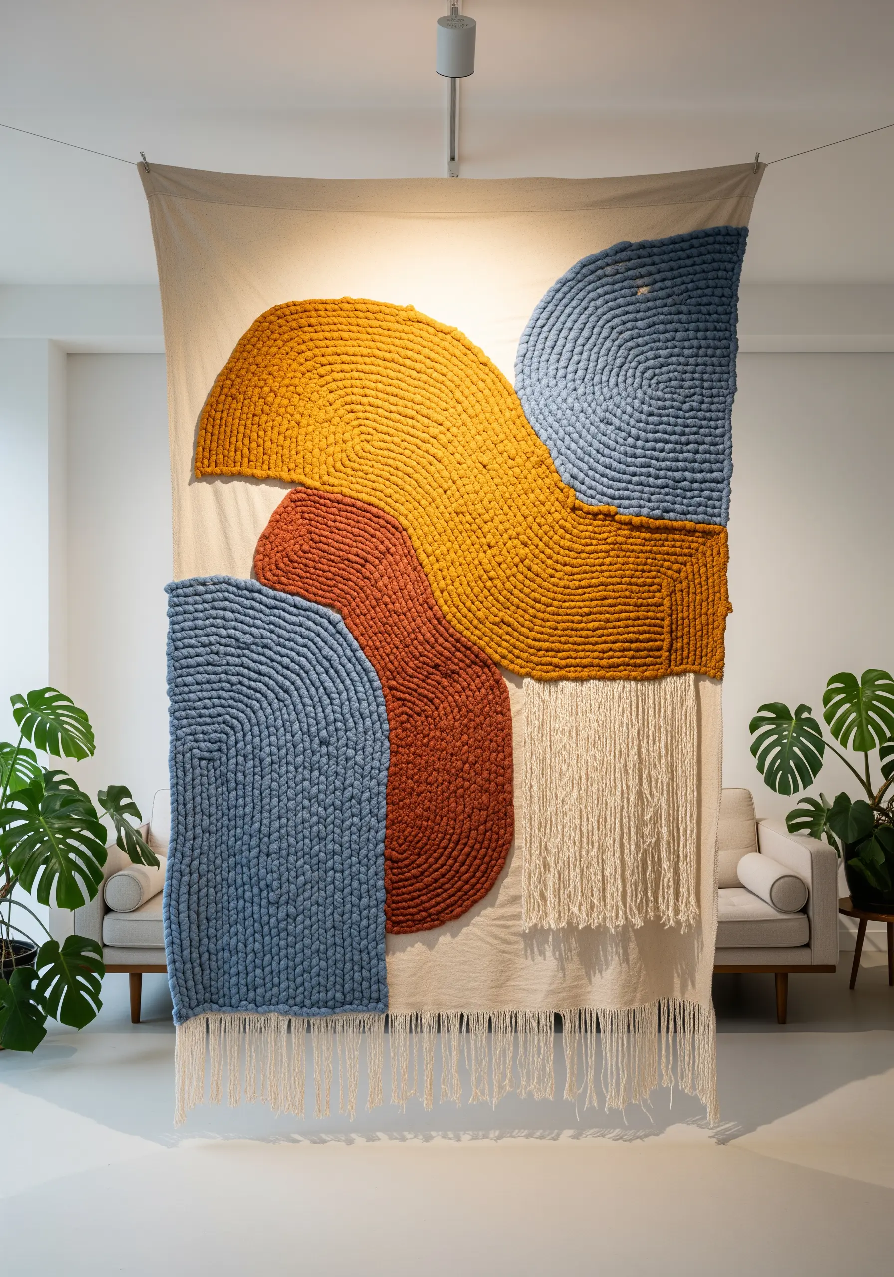 Large-scale abstract wall hanging made with punch needle yarn in ochre, blue, and terracotta.
