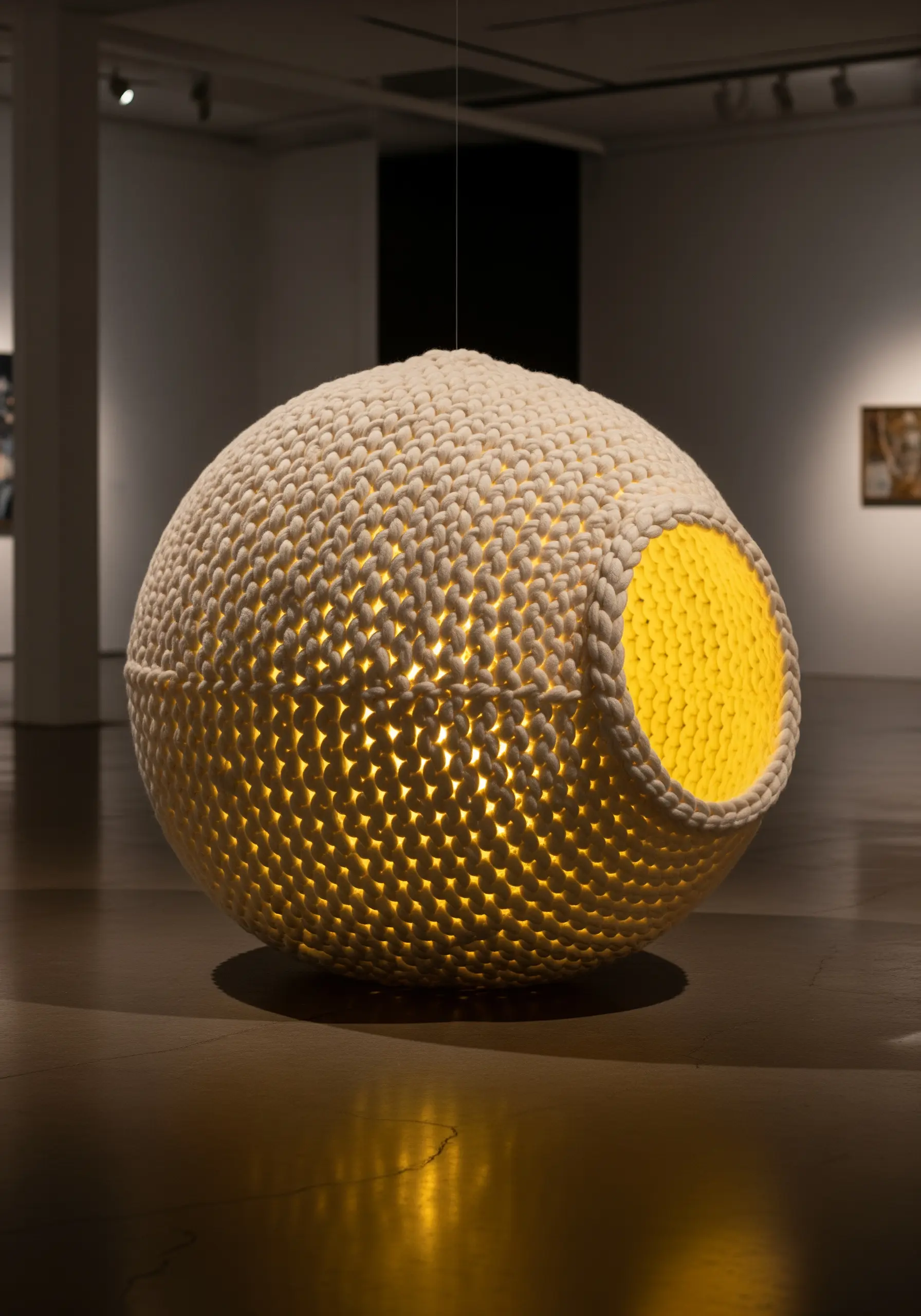 A 3D embroidered sphere with a warm LED light glowing from within.