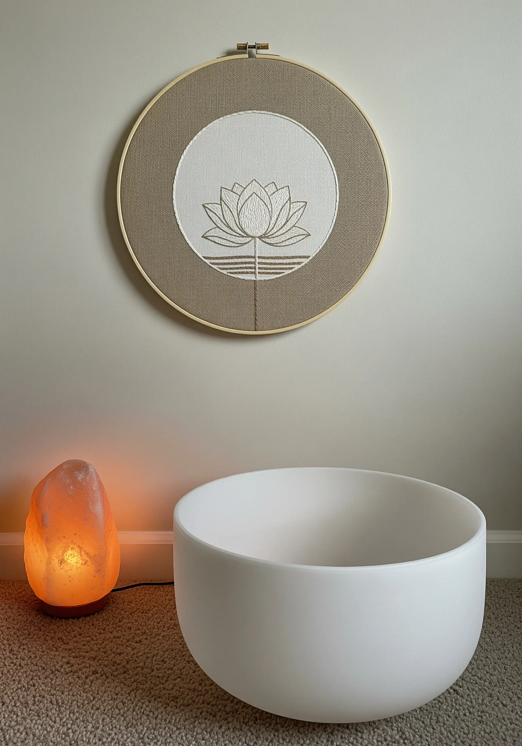 A minimalist line art embroidery of a lotus flower stitched in a two-toned circle.
