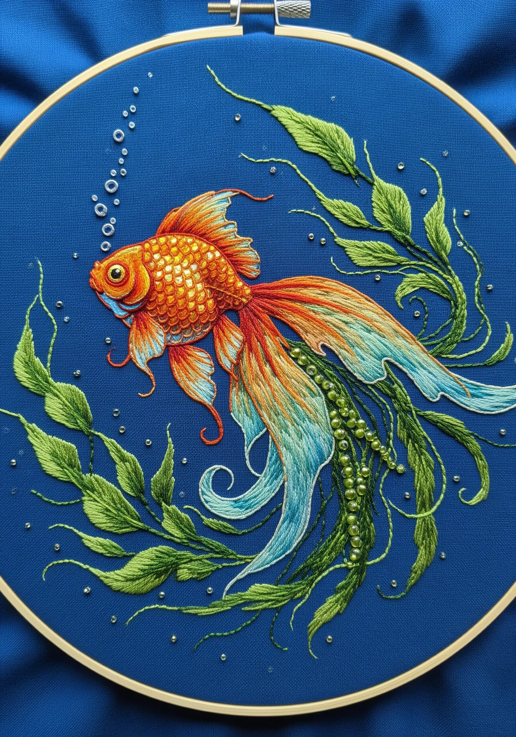 Embroidery of a shimmering orange and blue goldfish with flowing fins, surrounded by beads and seaweed.