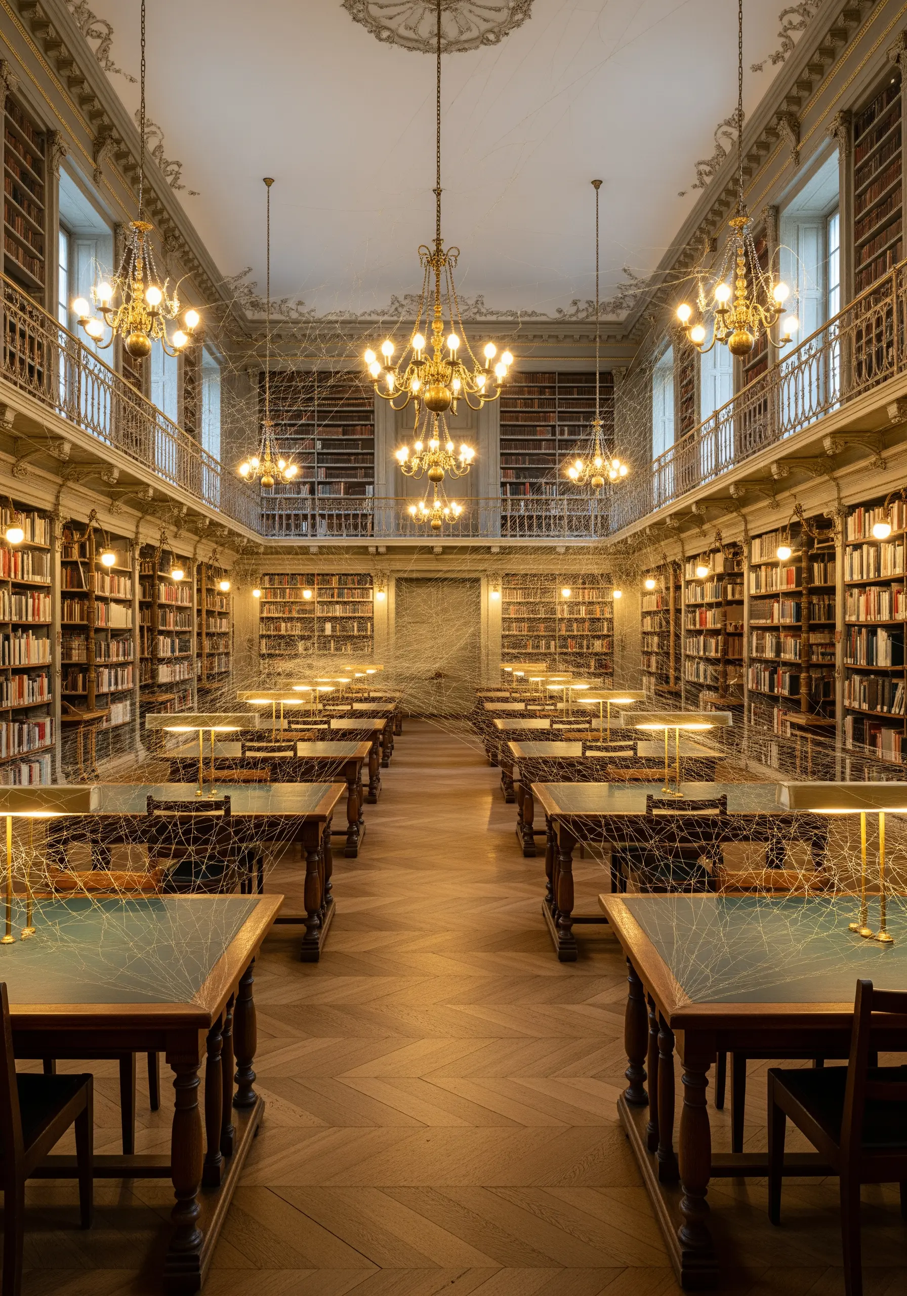 An intricate, web-like thread installation stretching between bookshelves in a grand library.