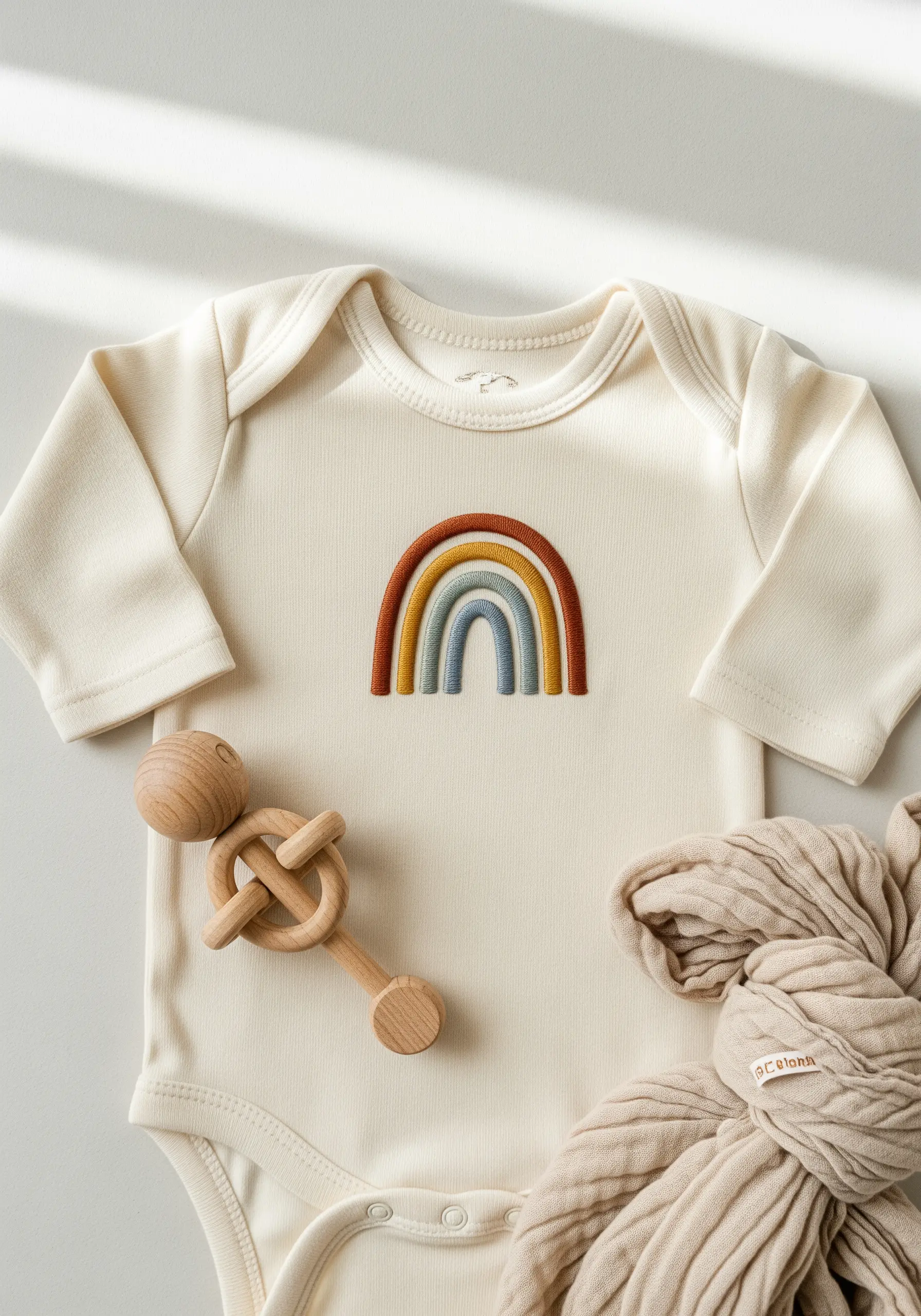 A modern, earthy-toned rainbow embroidered on the front of a cream baby onesie.