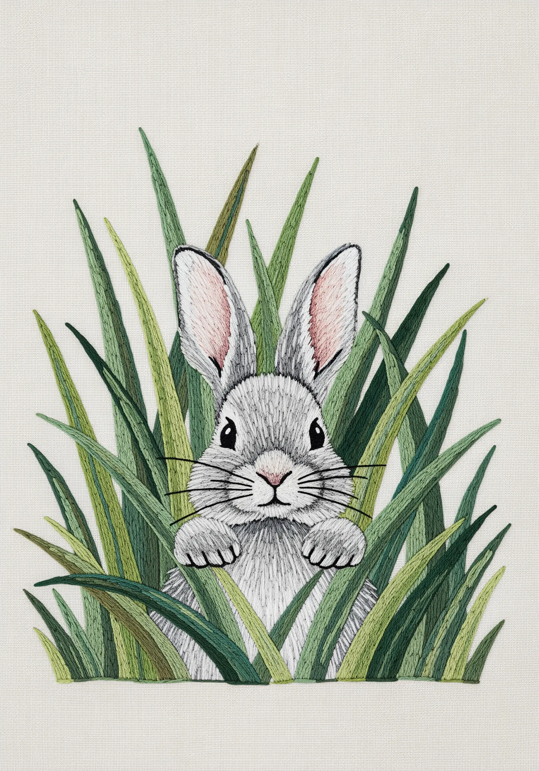 A realistic embroidered rabbit peeking out from behind dense blades of green grass.