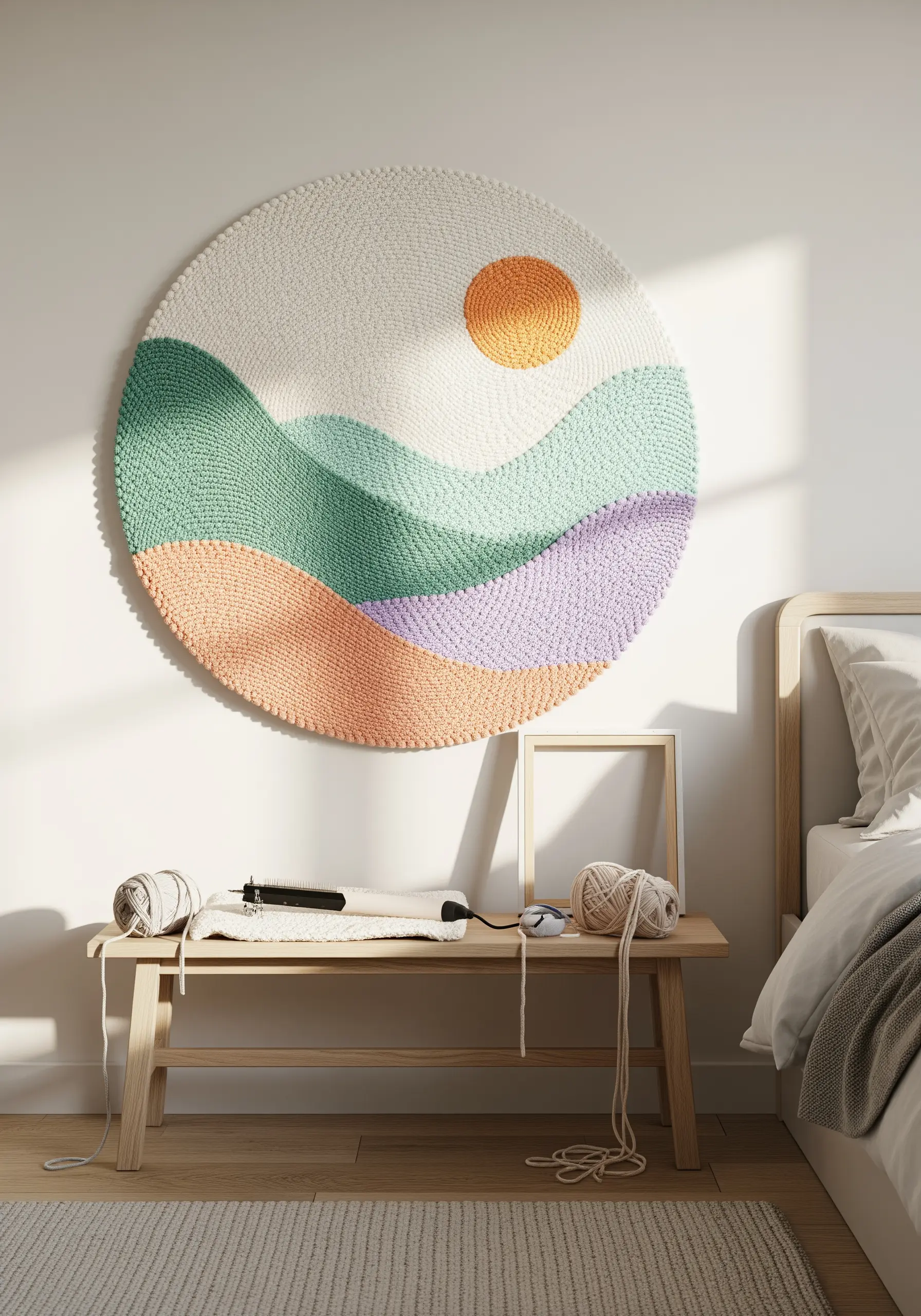 A large, circular latch hook wall hanging of a pastel landscape with hills and a sun.