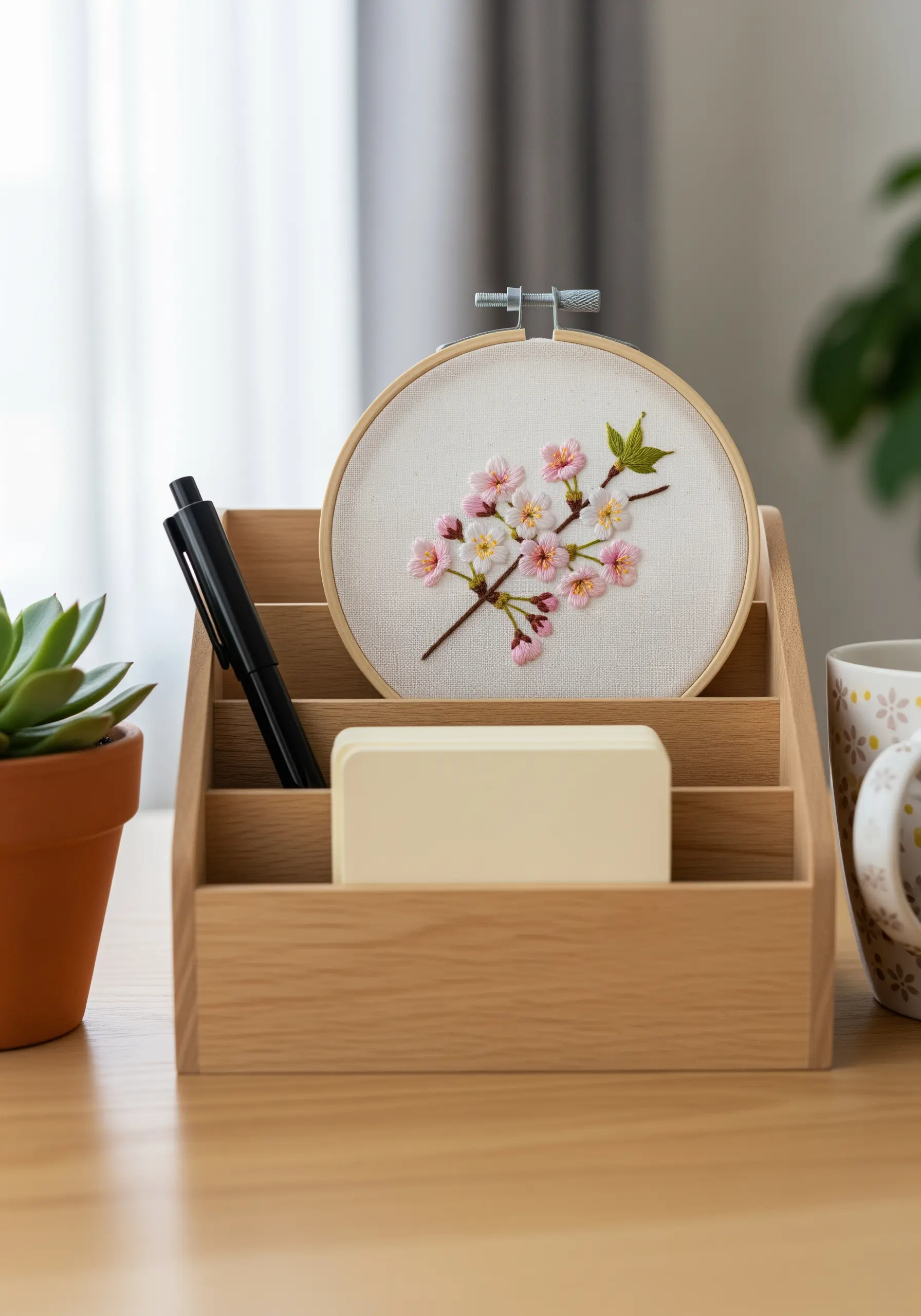 A delicate branch of embroidered cherry blossoms with pink and white petals on a desk.