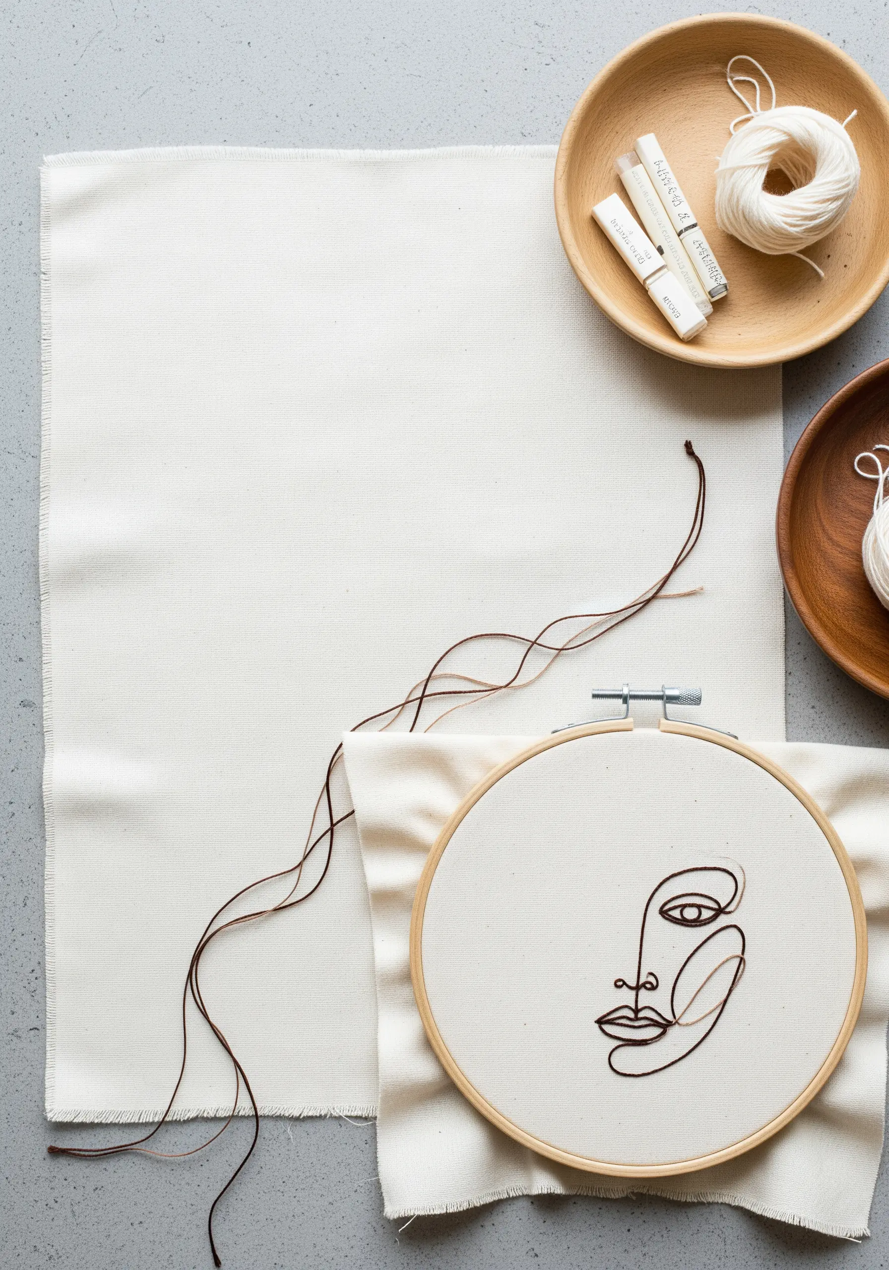 Delicate line art face stitched with variegated brown thread on off-white fabric.