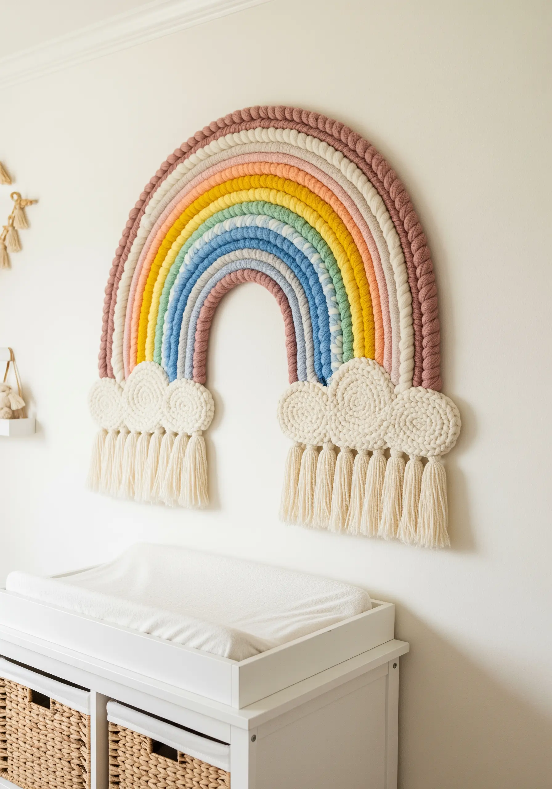Large macrame rainbow wall hanging with pastel-colored wrapped rope.