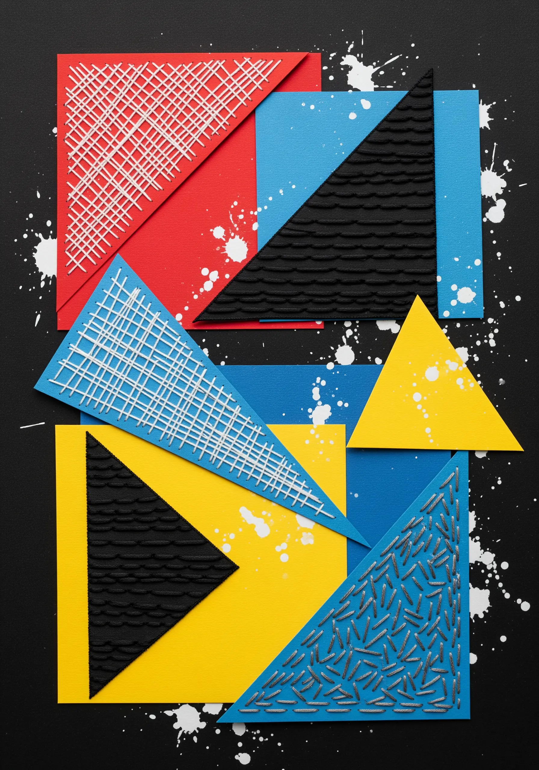 Abstract geometric collage with white and silver thread creating grid and dense stitch textures.