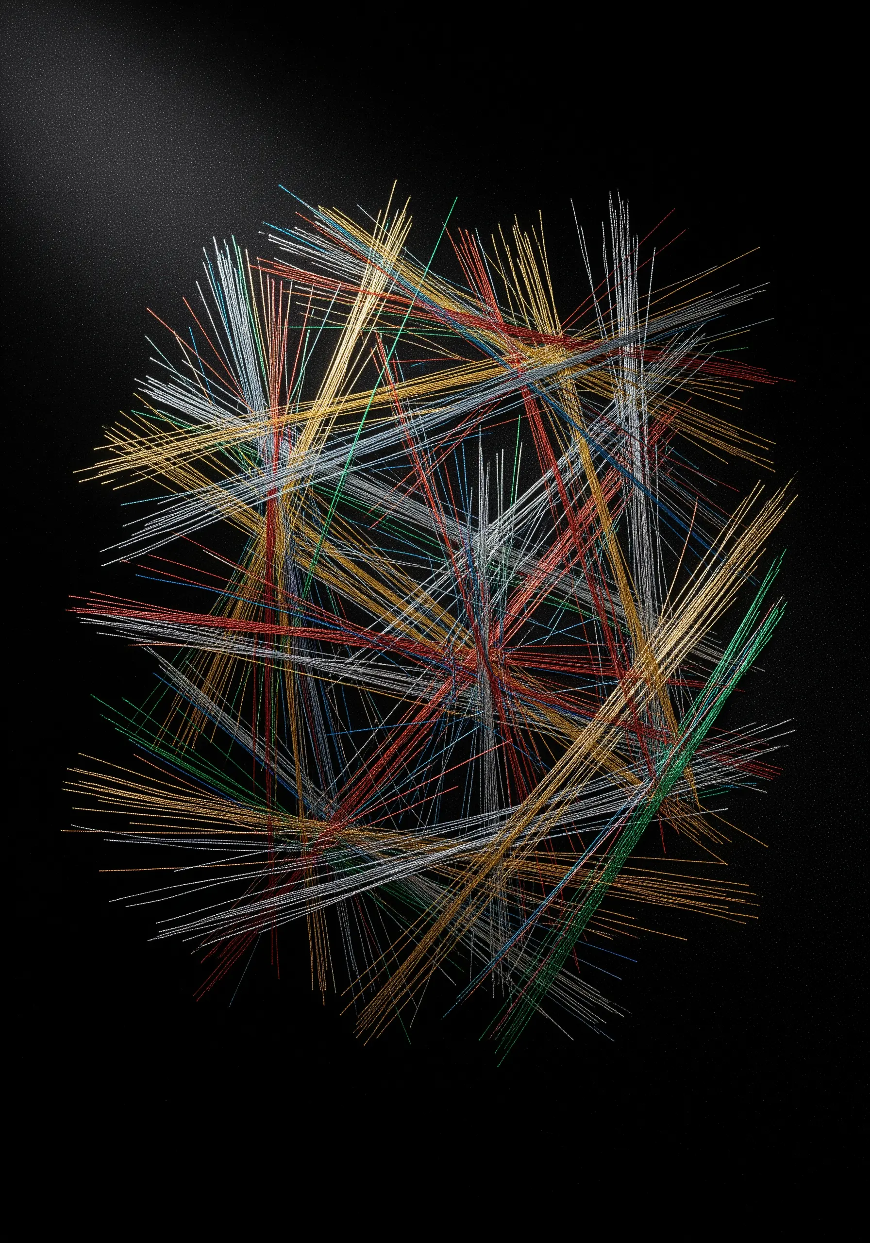 Fine, overlapping straight stitches in red, yellow, silver, and blue on a black background