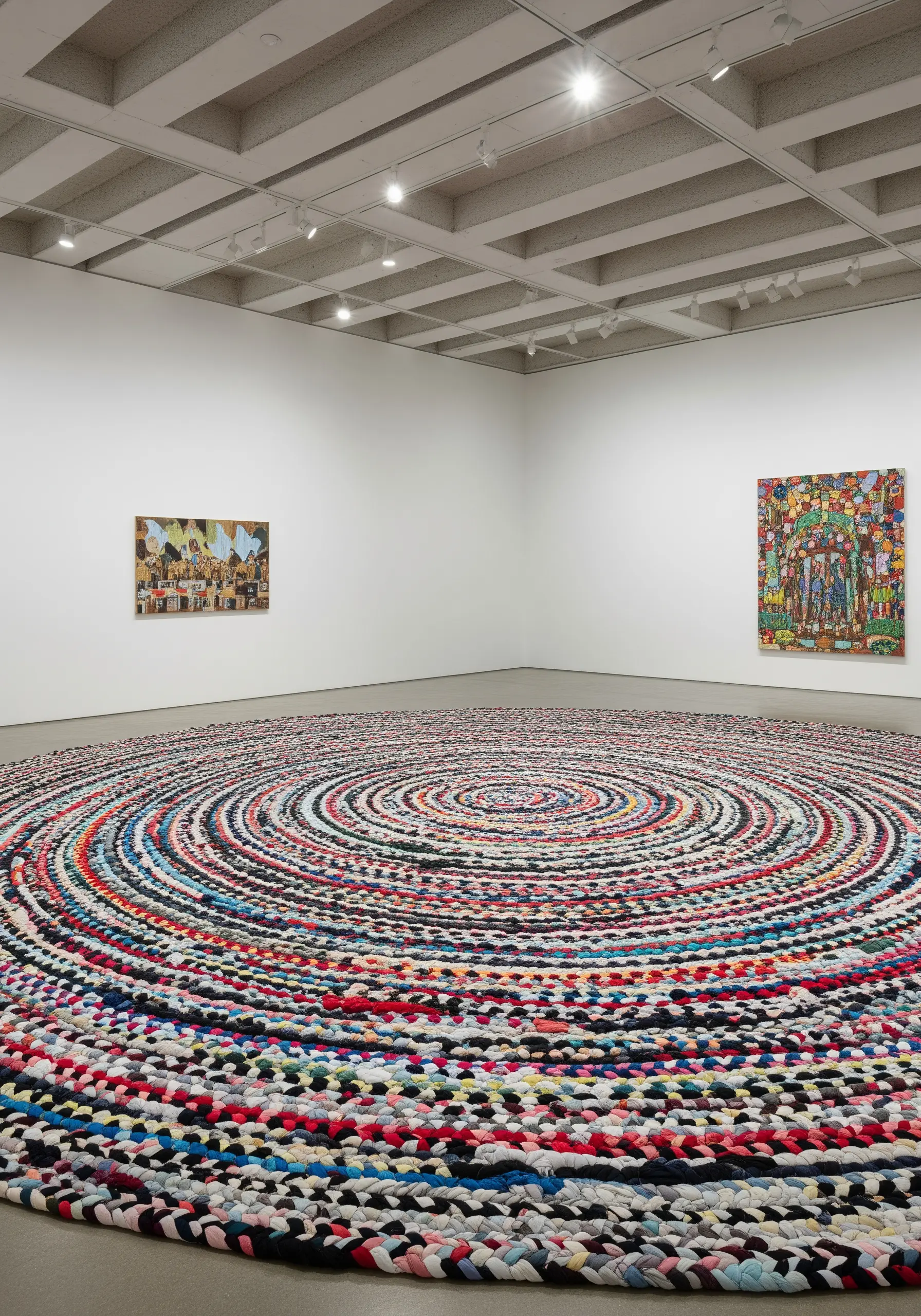 A large, circular braided rag rug made from multicolored fabric strips on a gallery floor.