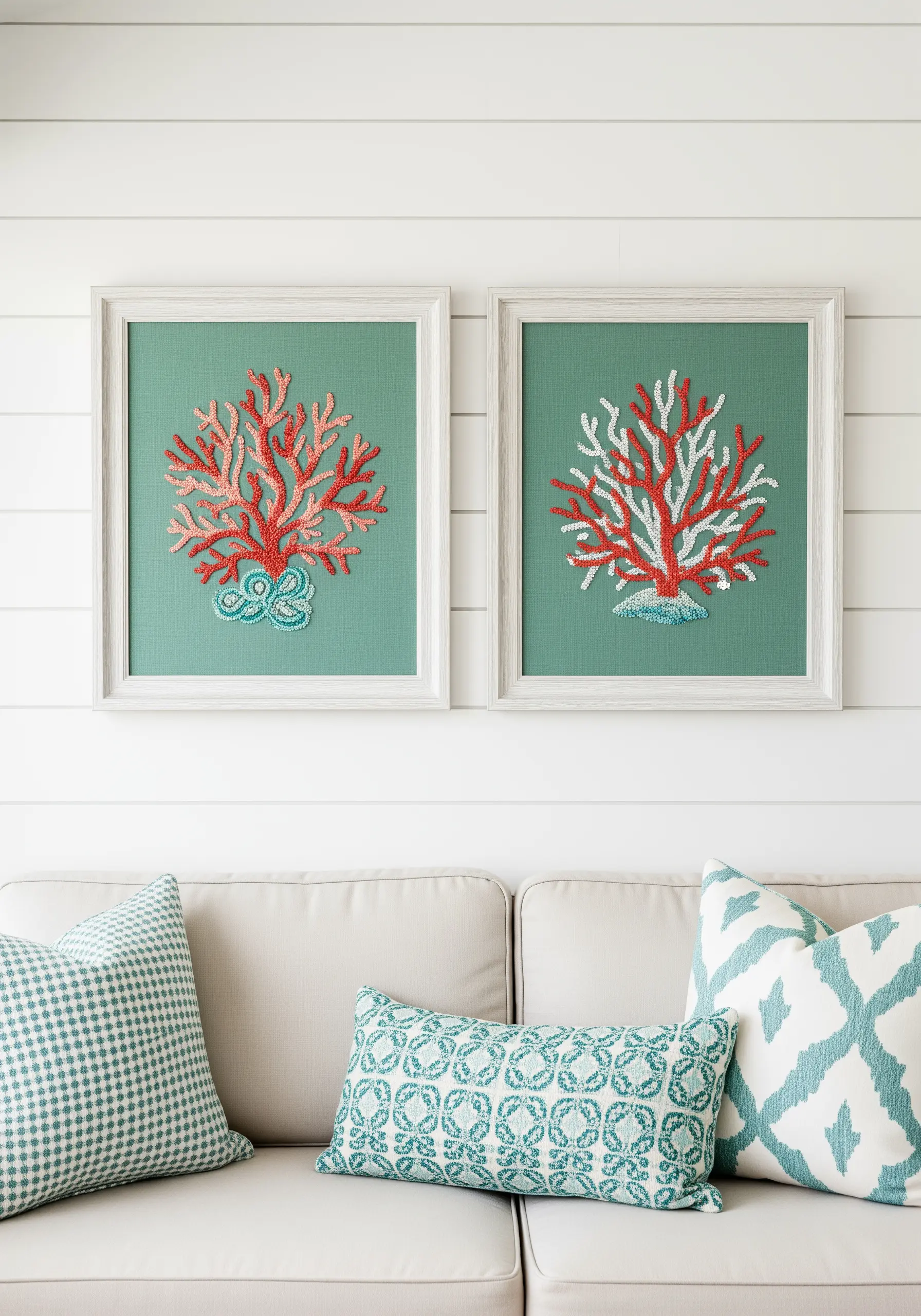 A pair of framed embroidery pieces showing coral formations made of red, pink, and white French knots.