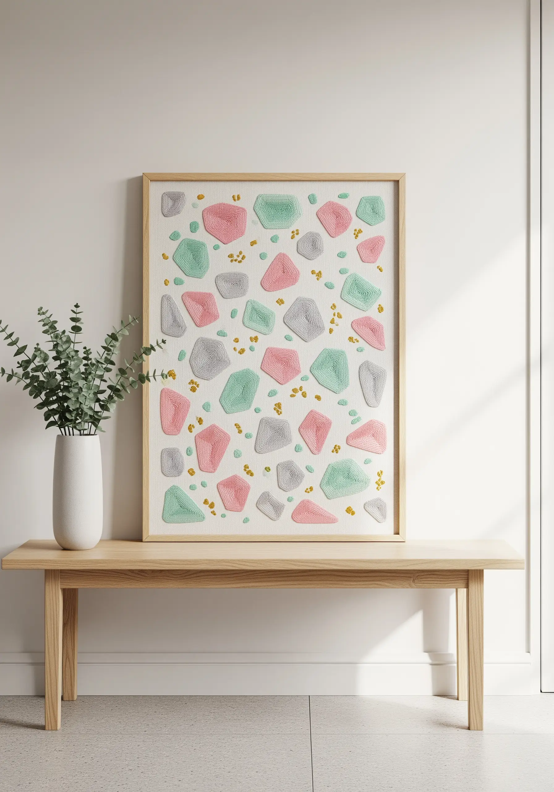 Framed abstract embroidery with pastel-colored, raised geometric shapes resembling terrazzo.