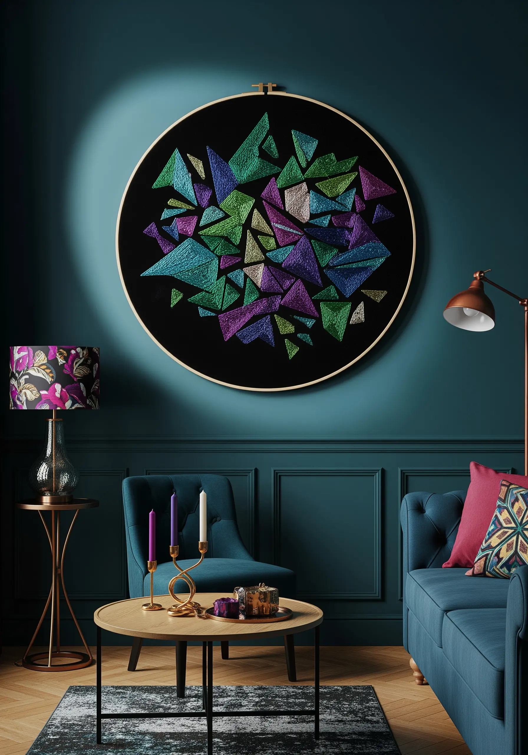 A large hoop with an abstract 'shattered glass' design in jewel tones on black fabric.