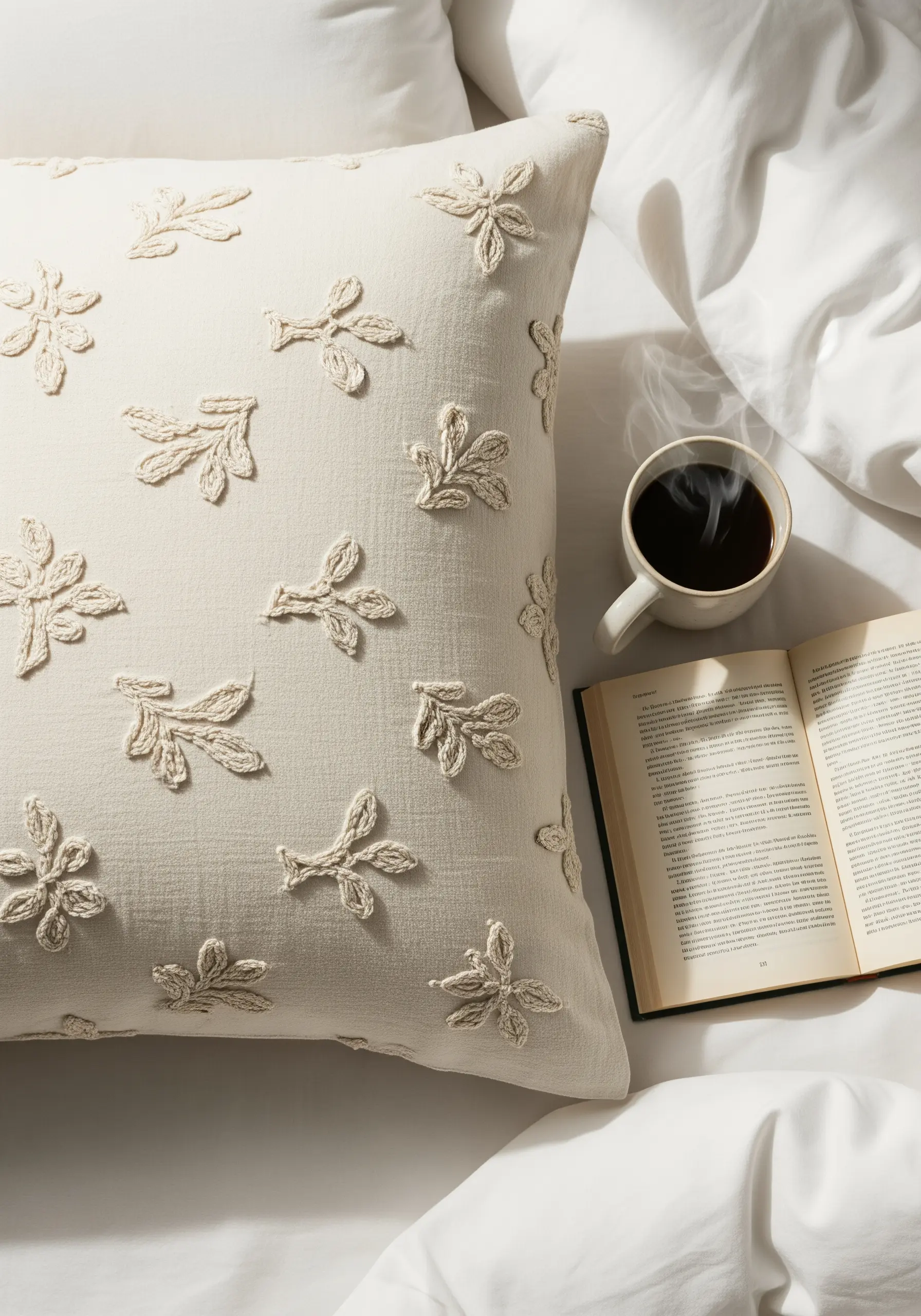 Cream pillow with textured candlewicking embroidery details
