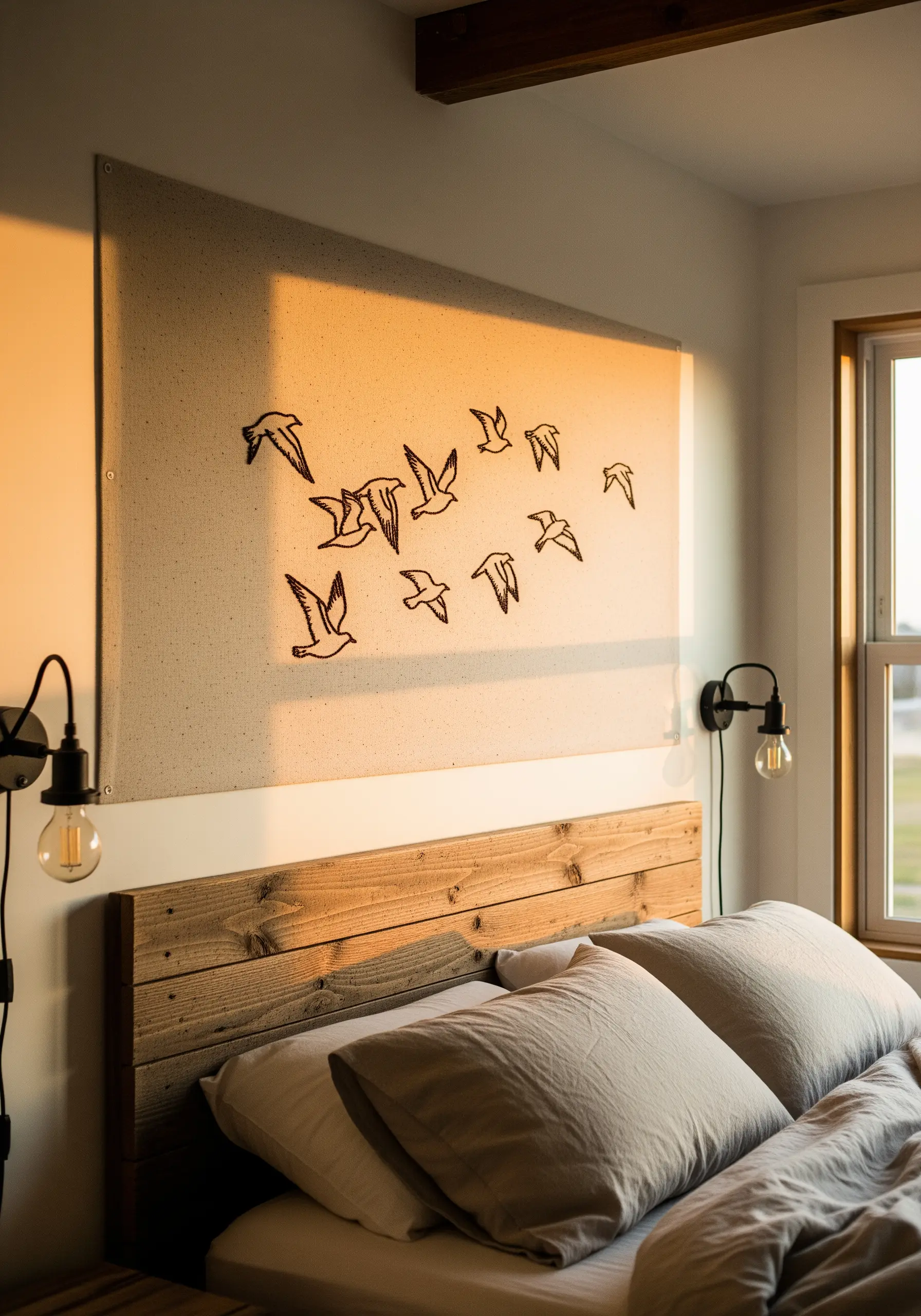 A flock of birds embroidered in black thread on a large canvas above a bed.