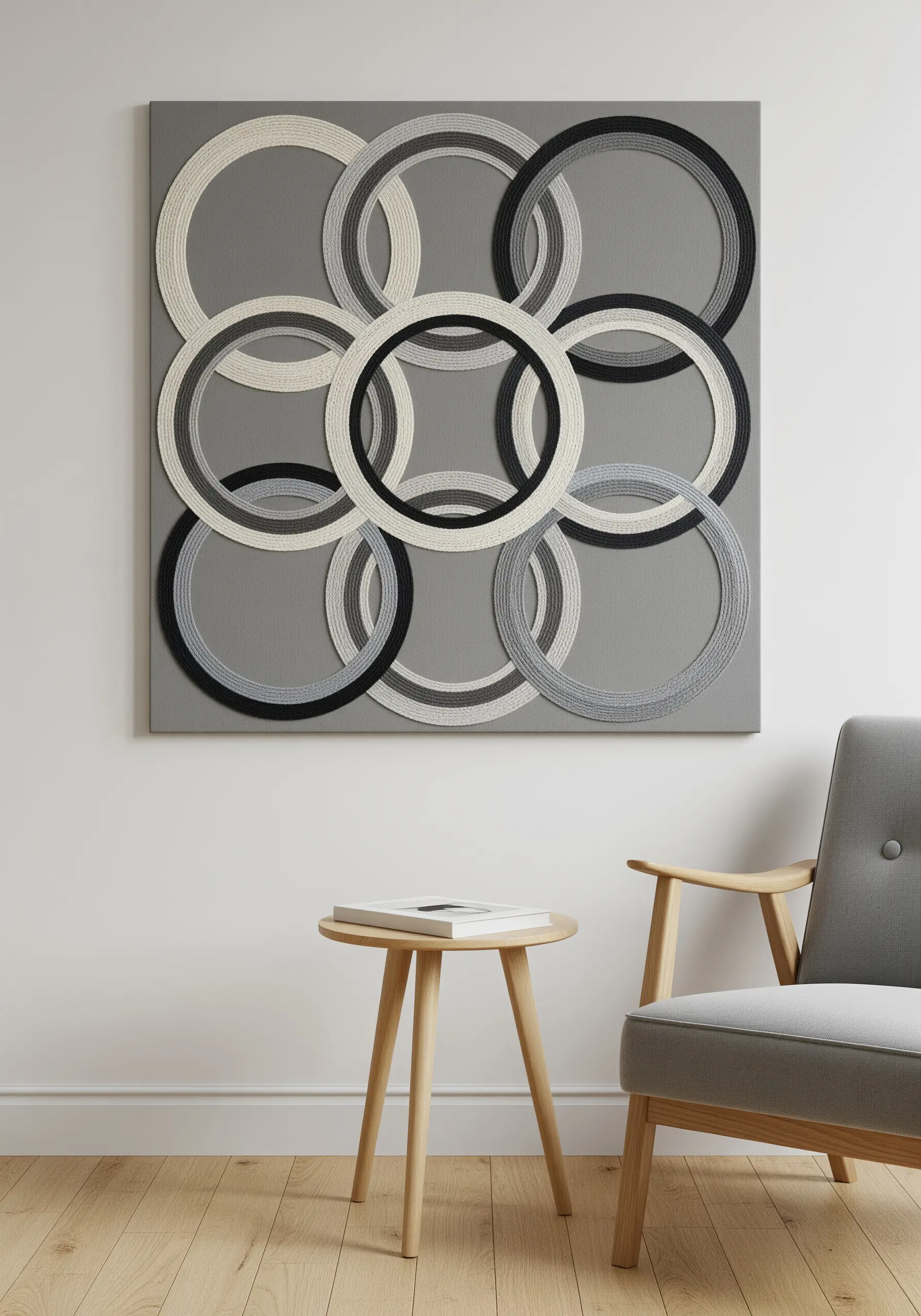 A grey canvas with interlocking rings in black, white, and grey threads.