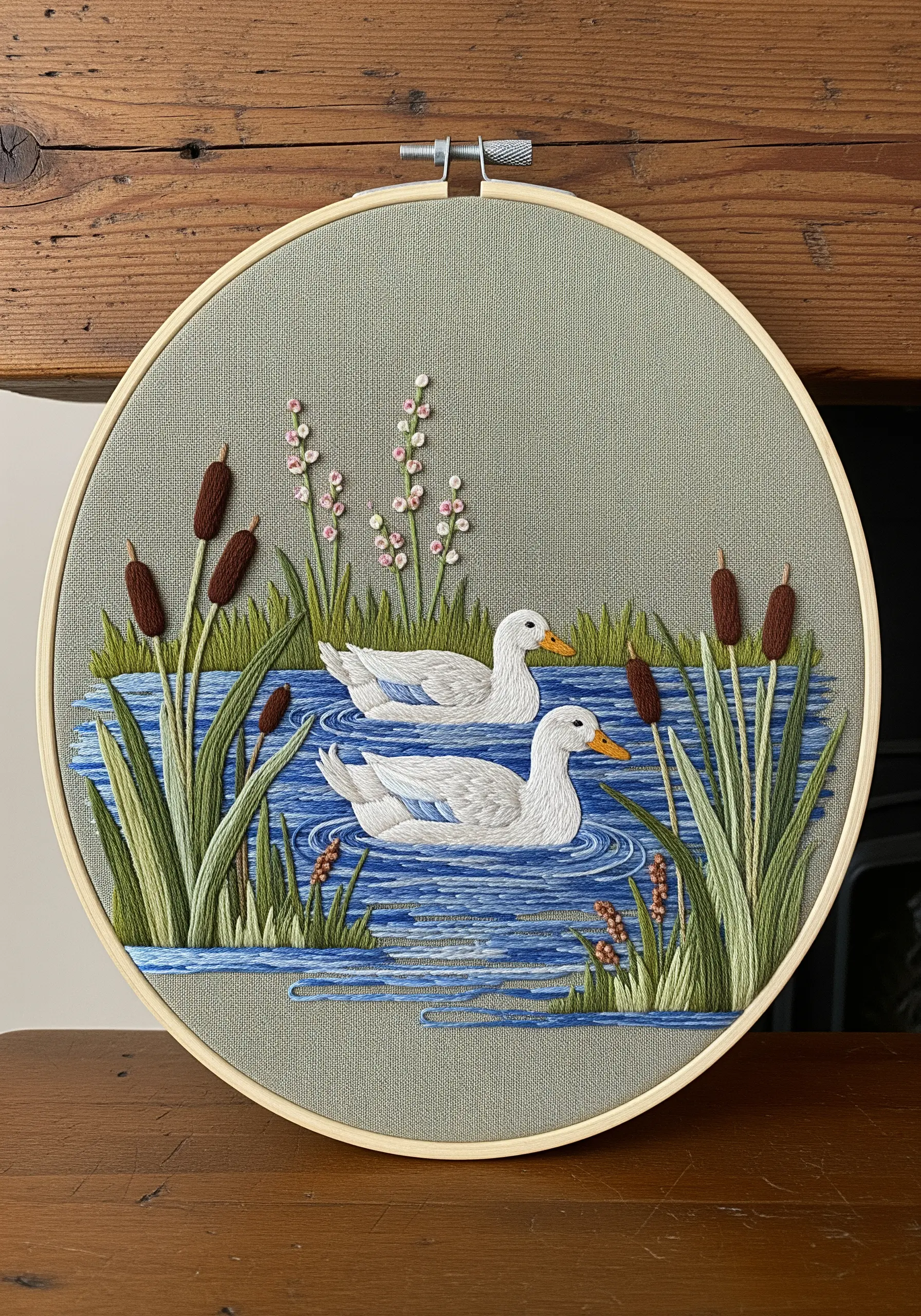 Two white ducks swimming in a pond, with water stitched in horizontal blue threads.