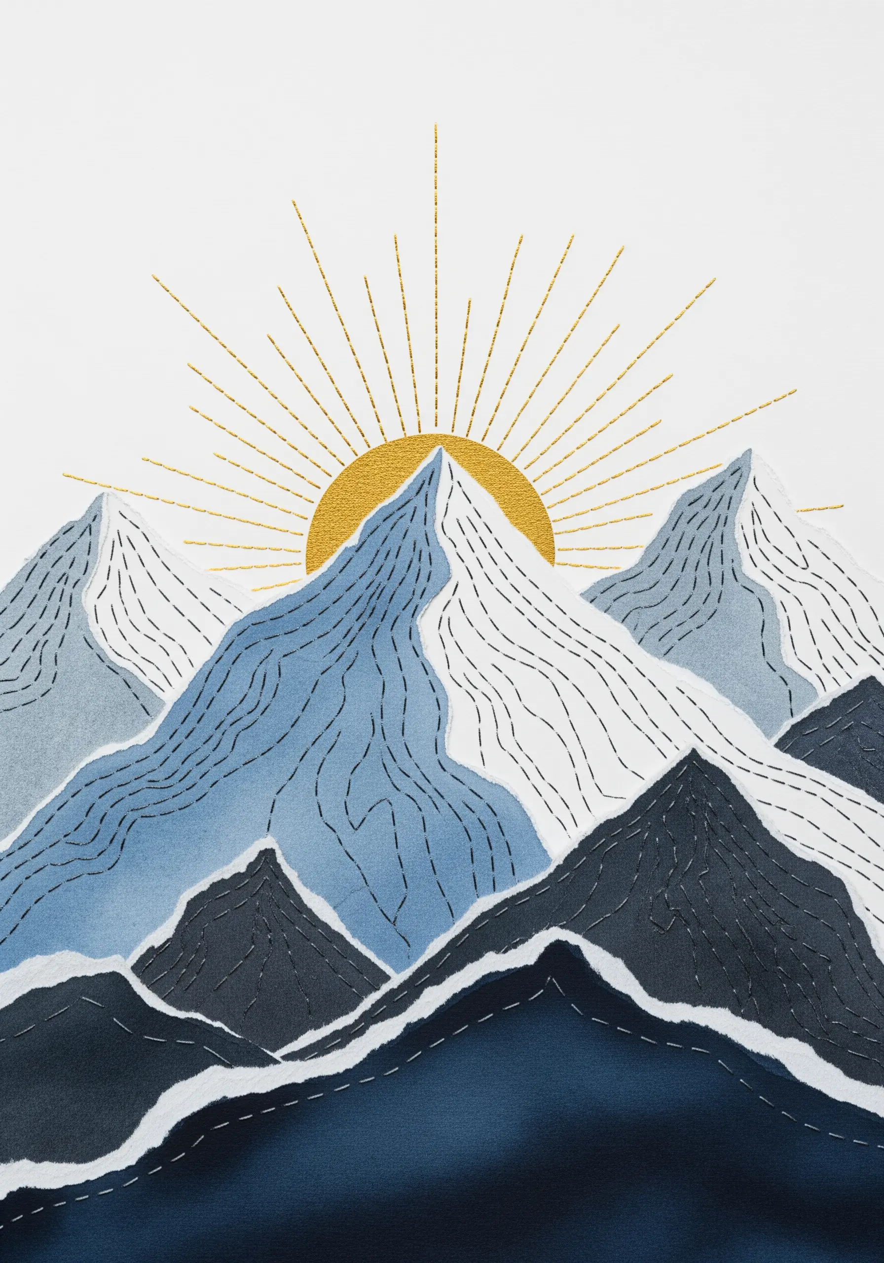 A mountain landscape of torn paper with stitched running lines indicating topographic contours.