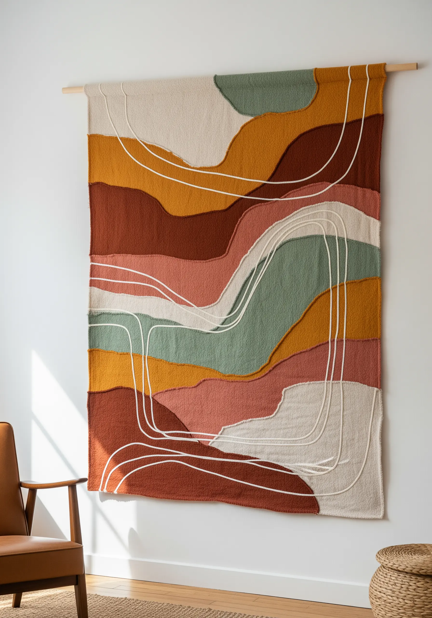 Large abstract fabric wall hanging with layered colors and white yarn couching.