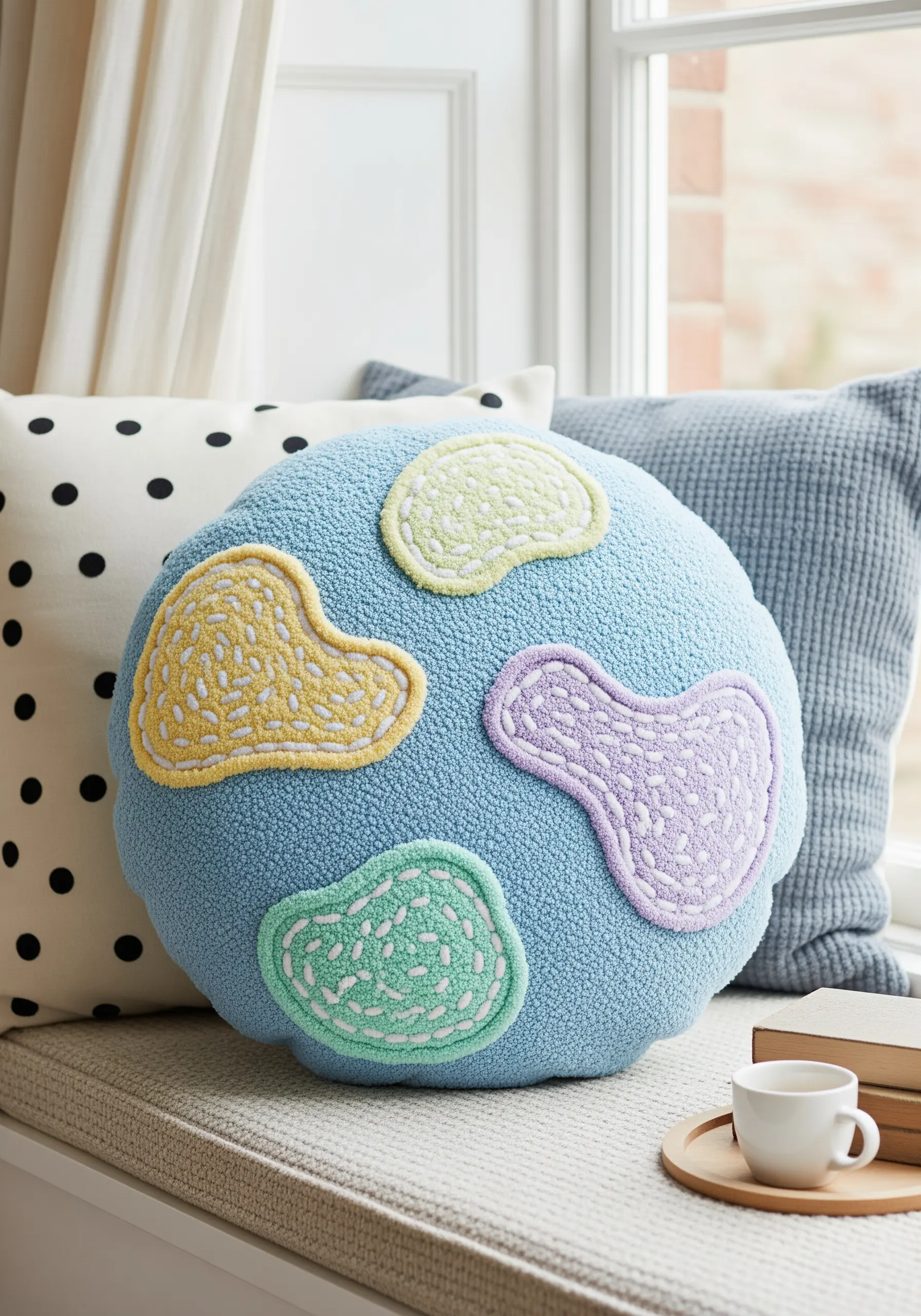 A round blue pillow with pastel-colored appliqué shapes filled with a tufted, textured stitch.