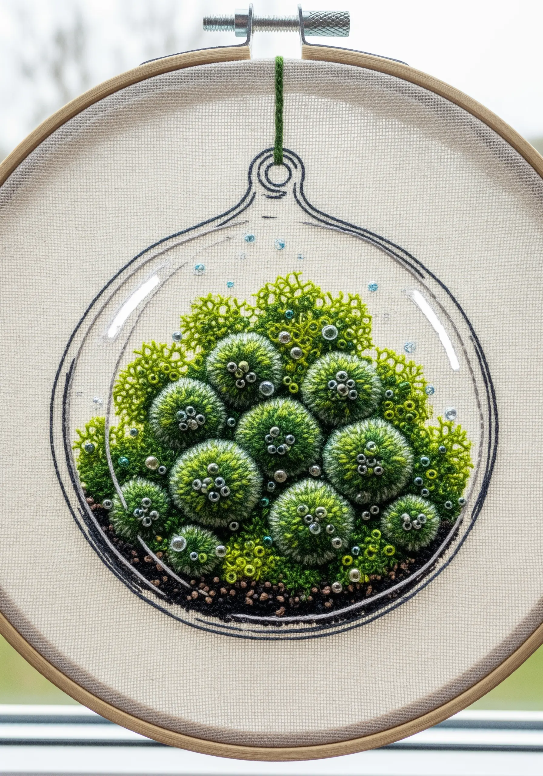 3D moss balls embroidered with turkey work and accented with seed beads