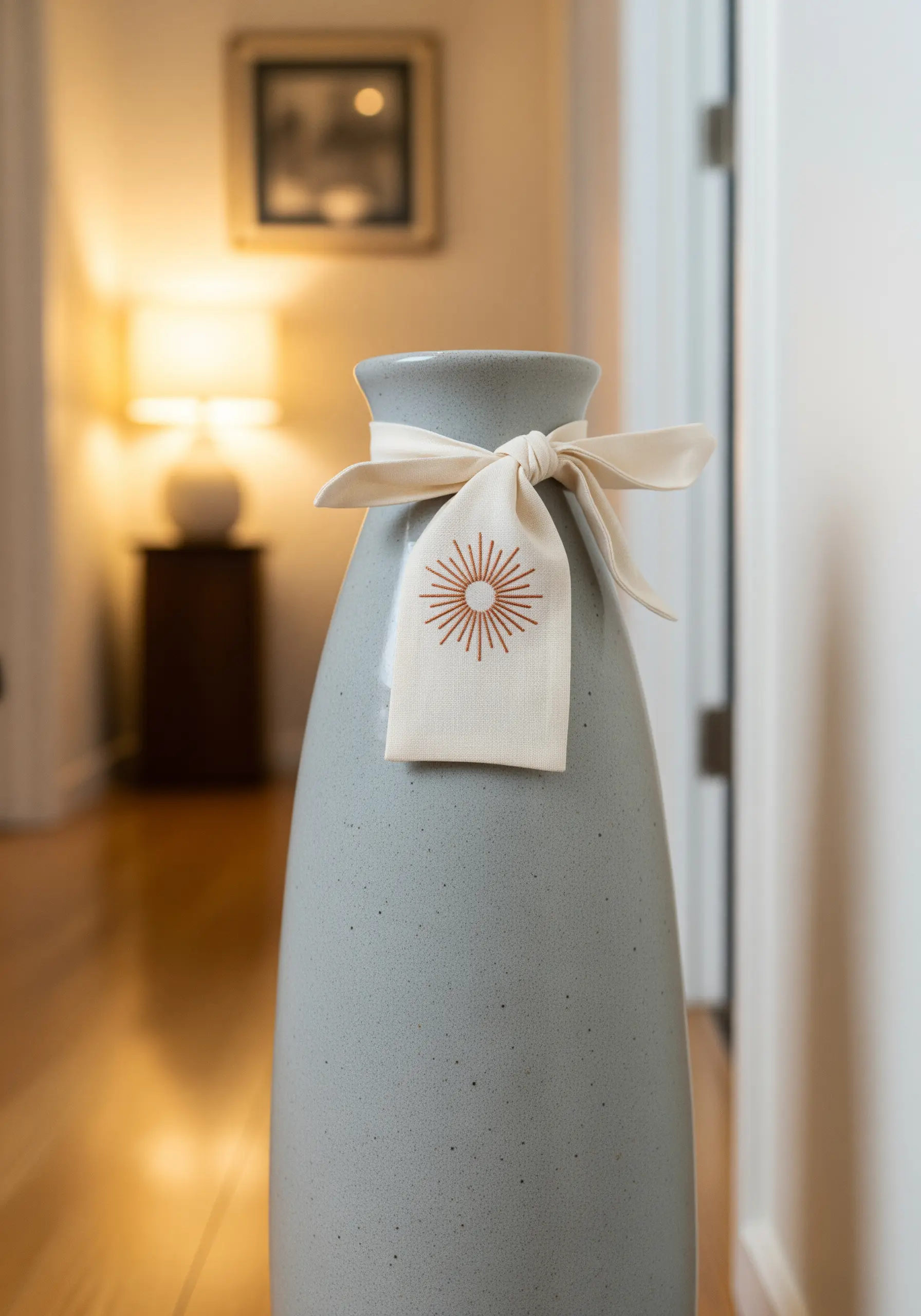 An embroidered tag with a radiant sun motif tied with a ribbon around a grey ceramic vase.