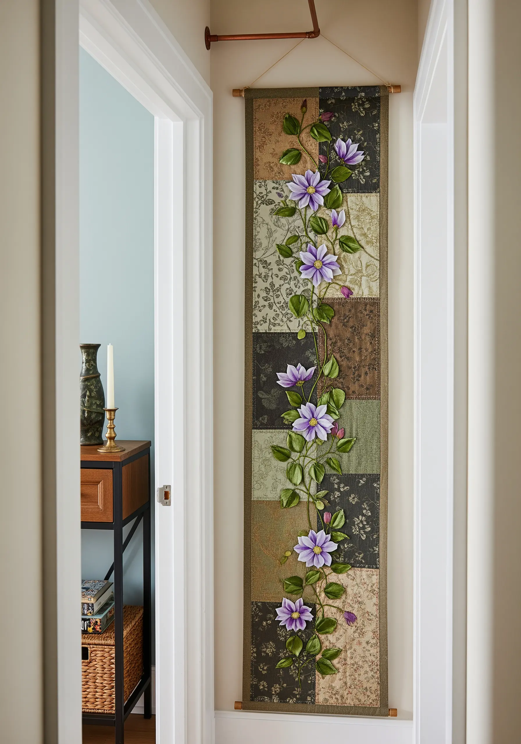 A long patchwork wall banner with a climbing purple clematis vine.