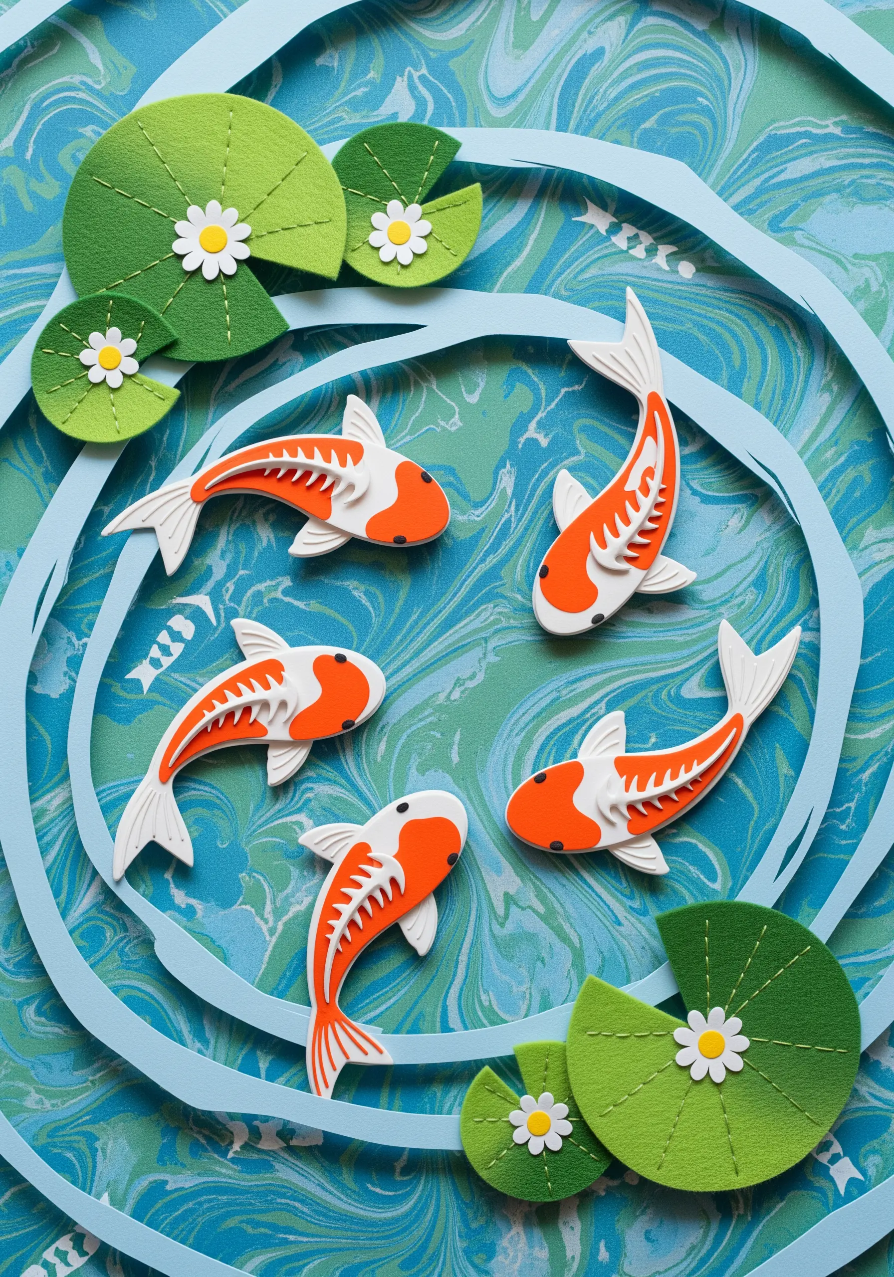 A koi pond made of layered paper, with stitched running lines creating ripples in the water.