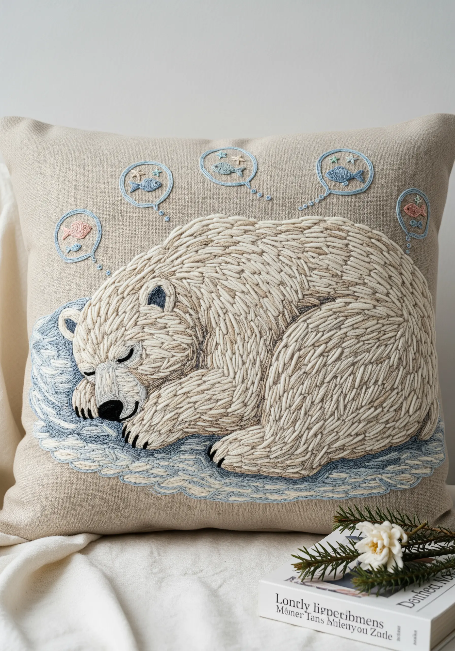 A heavily textured embroidered polar bear sleeping on a decorative linen cushion.