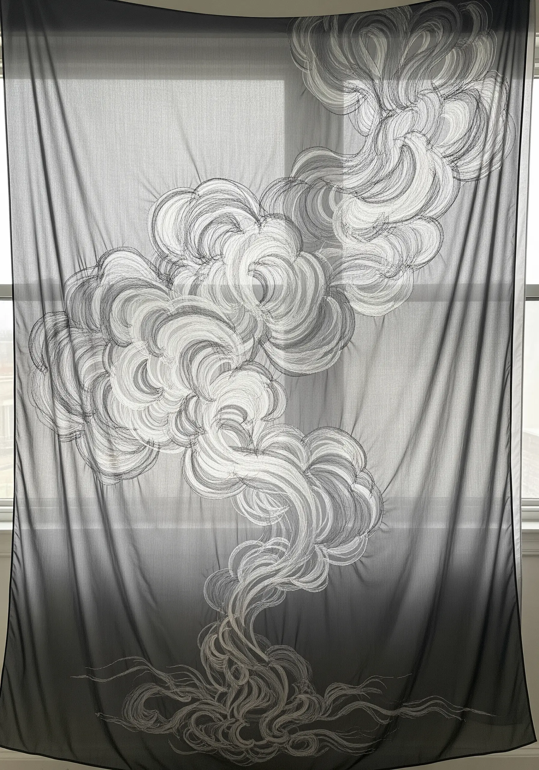 Embroidery of swirling smoke in white and grey thread on a sheer black fabric hanging.
