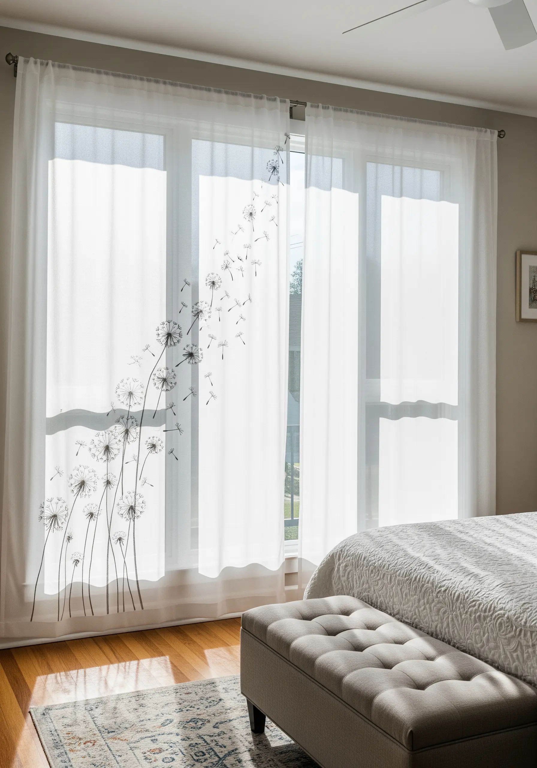 Delicate dandelion clocks and seeds embroidered in black thread on sheer white window curtains.