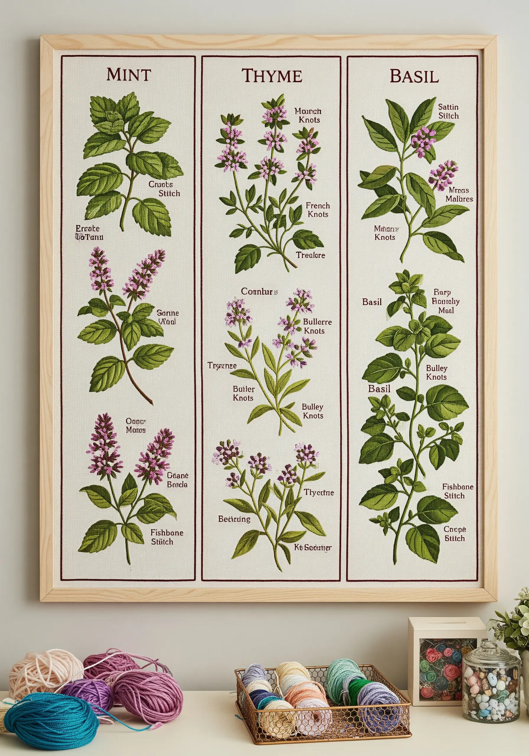 A framed three-panel sampler showing different embroidery stitches for mint, thyme, and basil.