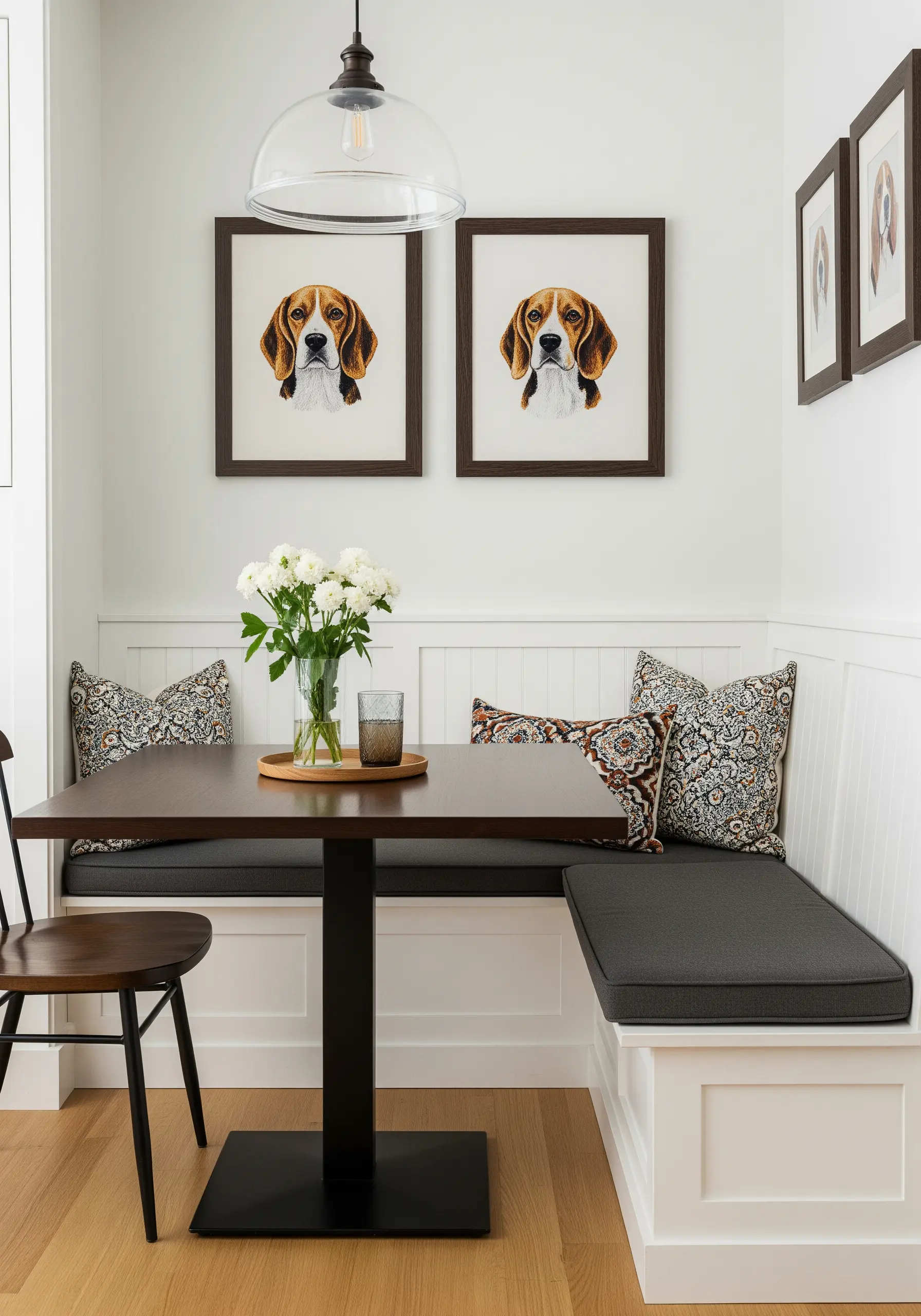 Two framed beagle portraits hanging side-by-side in a dining nook.