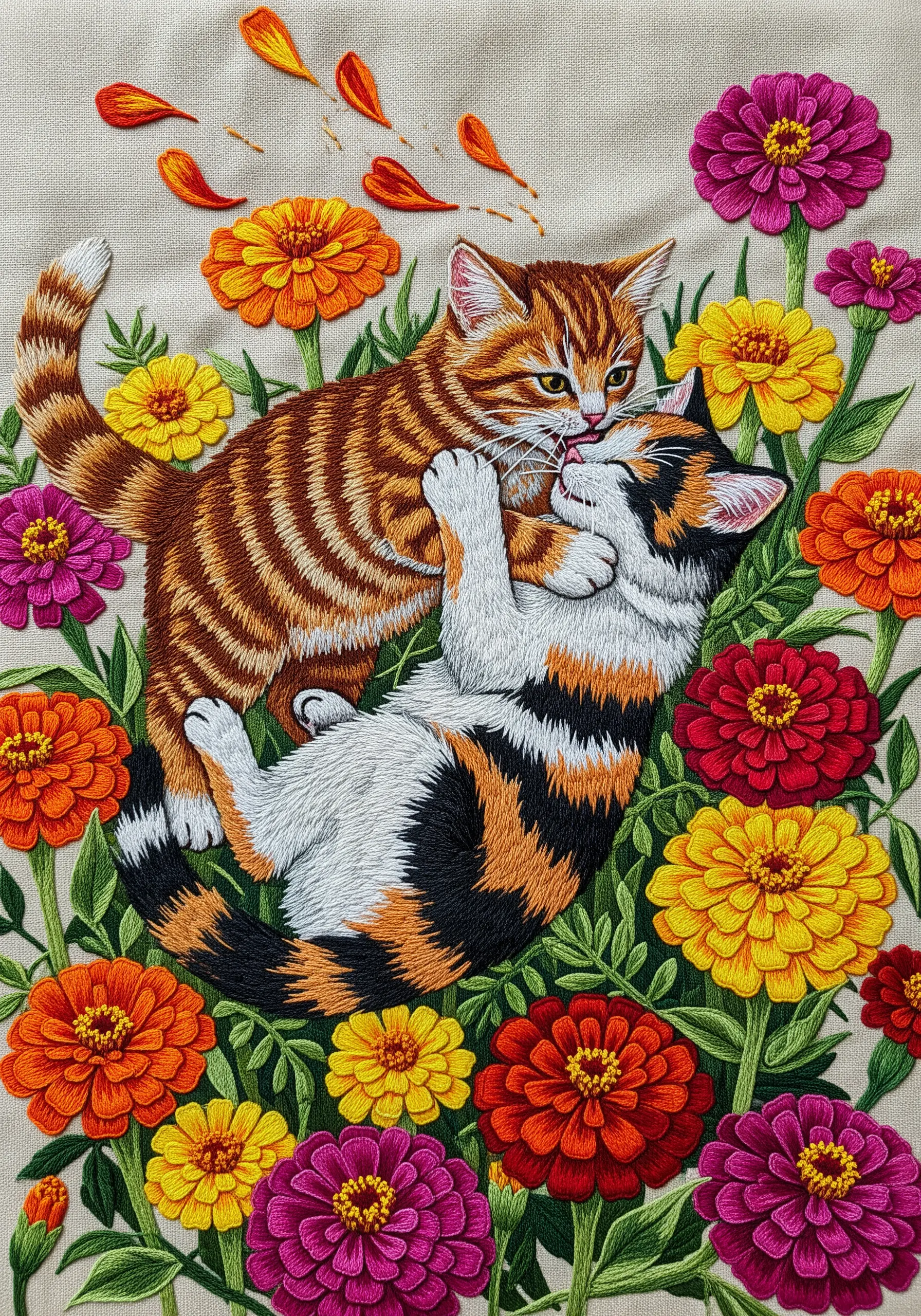 Two playful cats surrounded by a dense field of colorful zinnias.