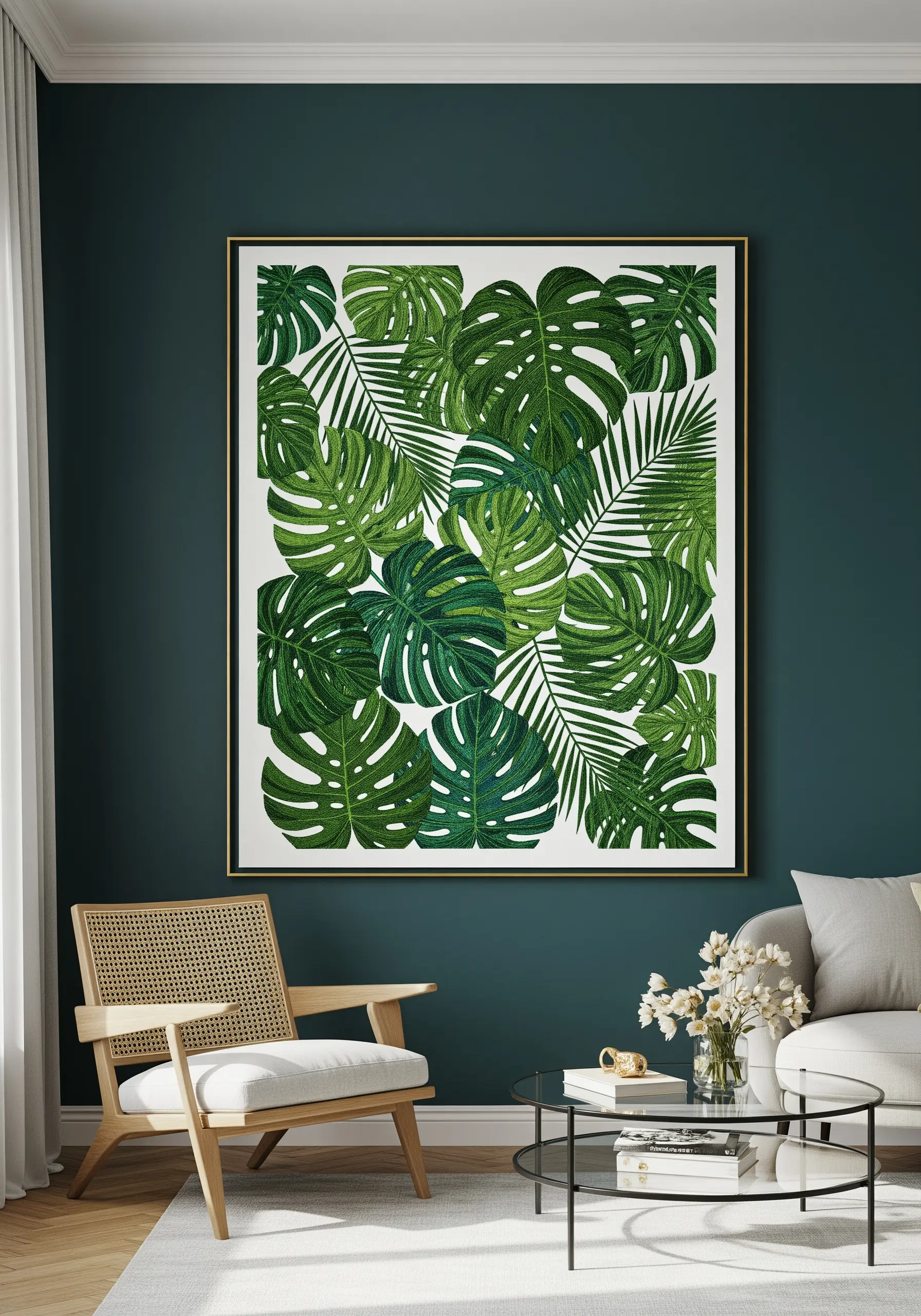 Large-scale embroidery filled with overlapping tropical Monstera and palm leaves.