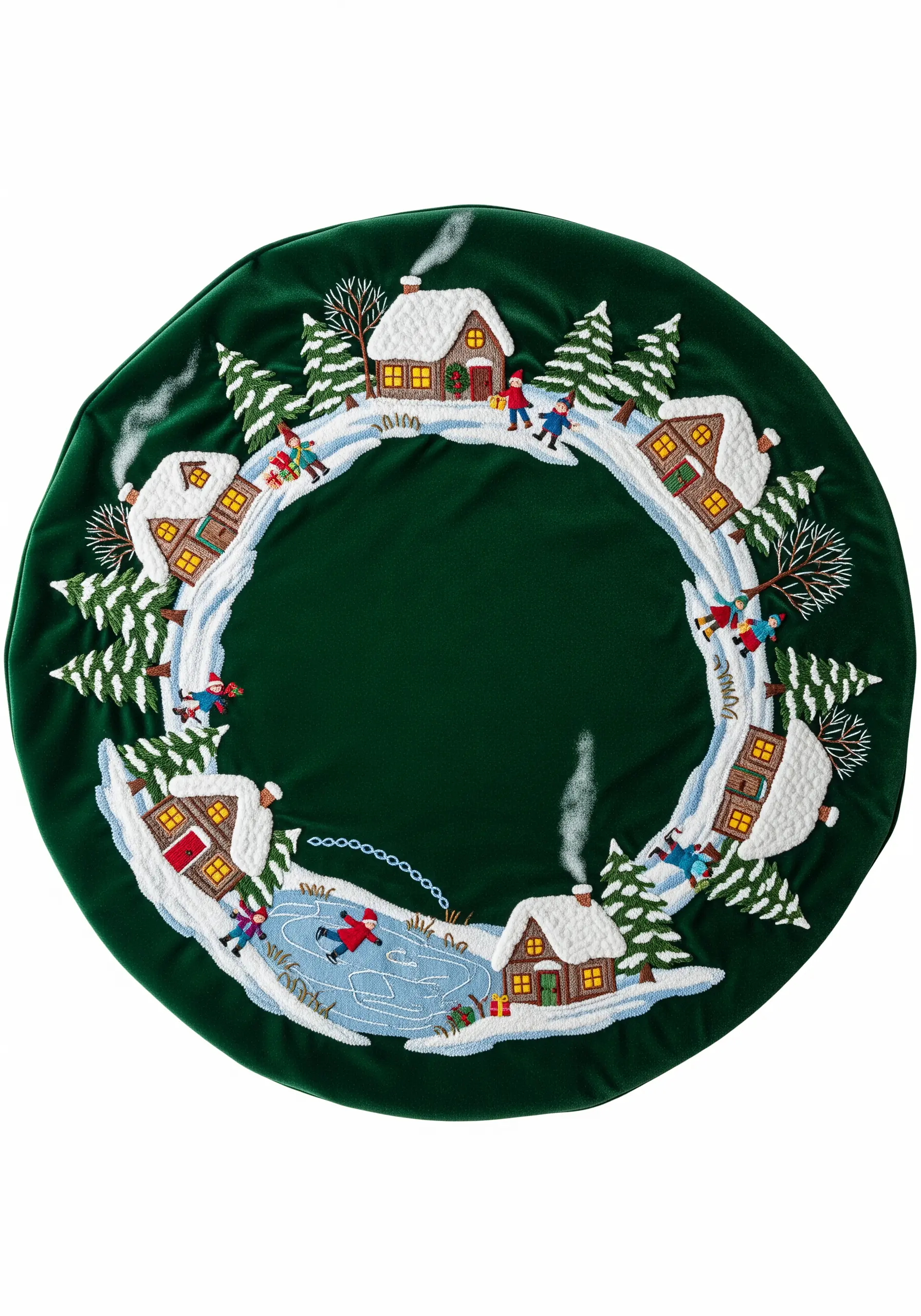 Embroidered winter village scene with snowy houses and skaters on a green tree skirt.