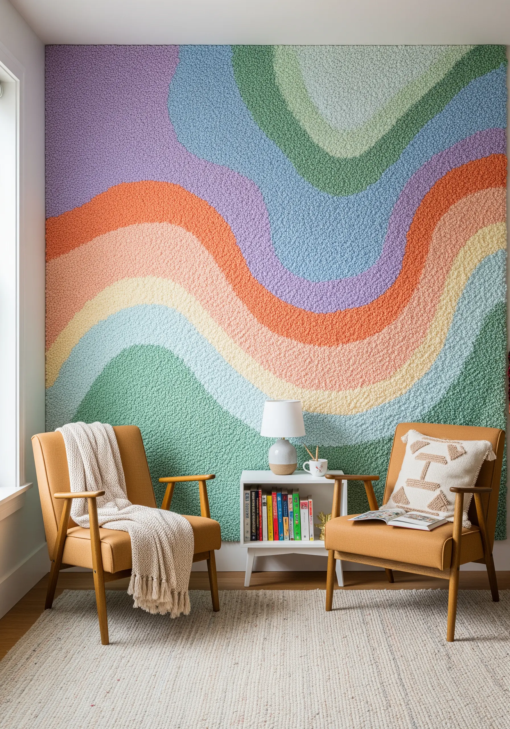 A full wall punch needle mural with gentle, wavy stripes in soft pastel colors.