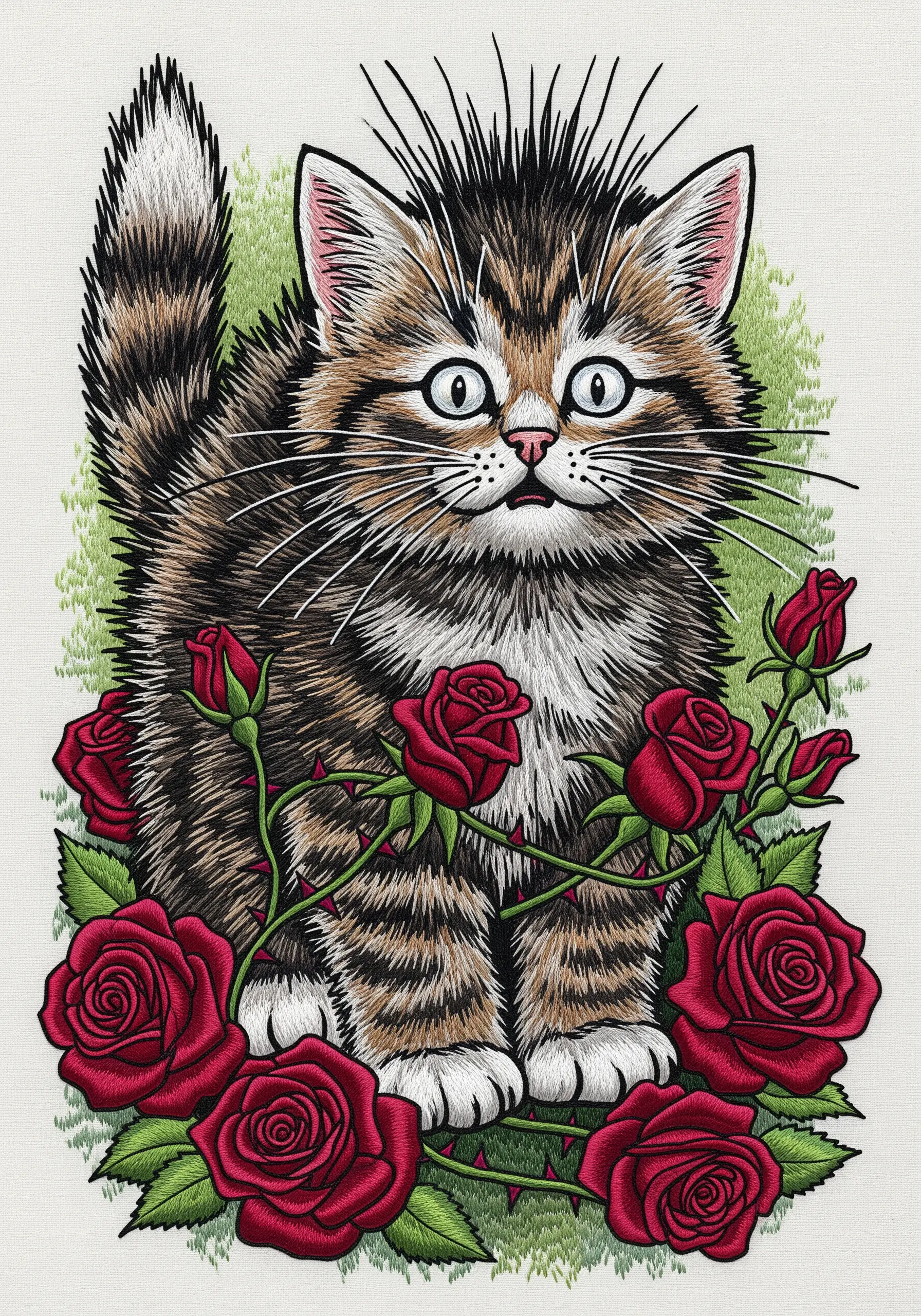 A startled, fluffy kitten with spiky fur, surrounded by thorny red roses.