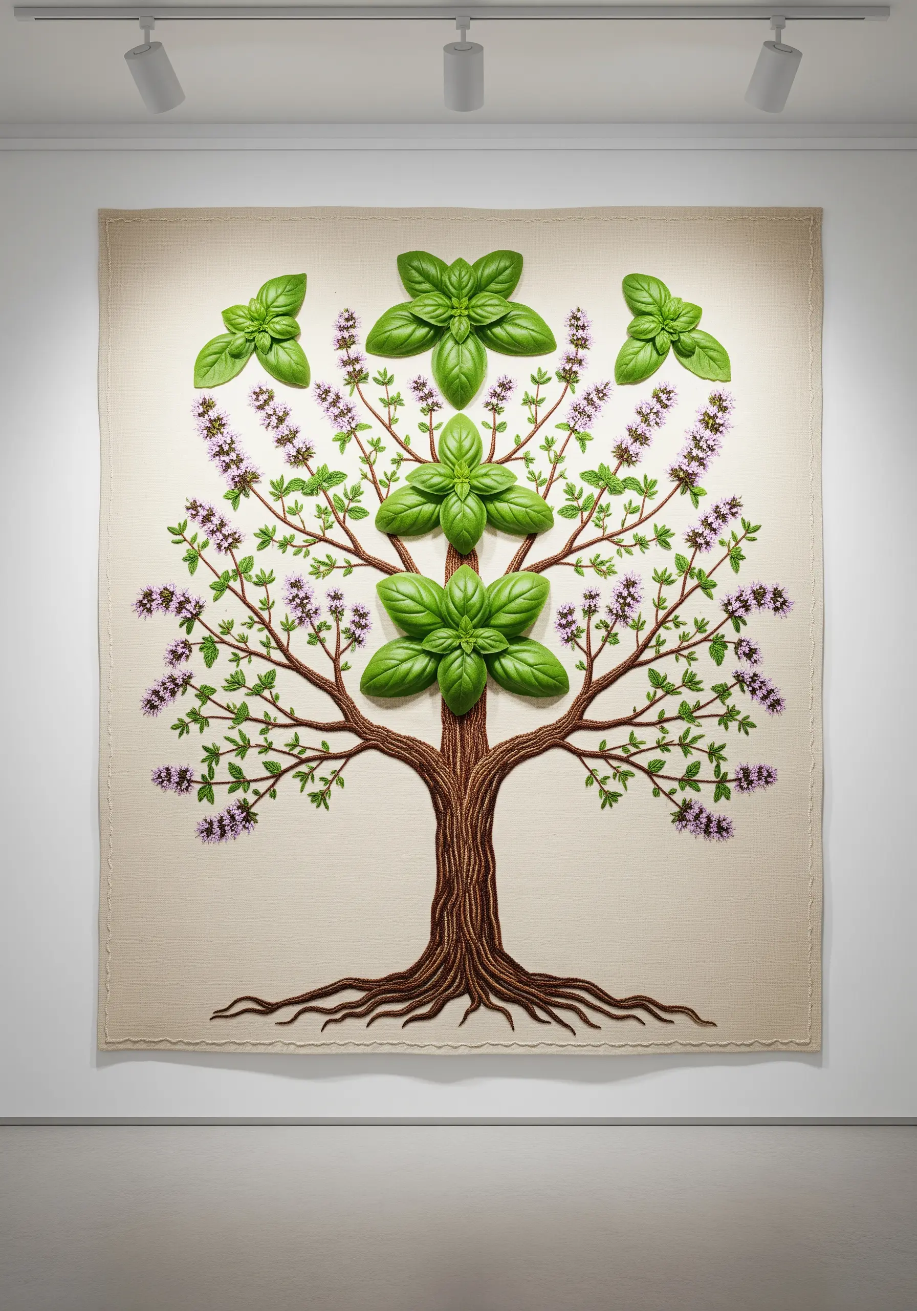 A large, gallery-lit wall tapestry of a tree with basil leaves and thyme blossoms.