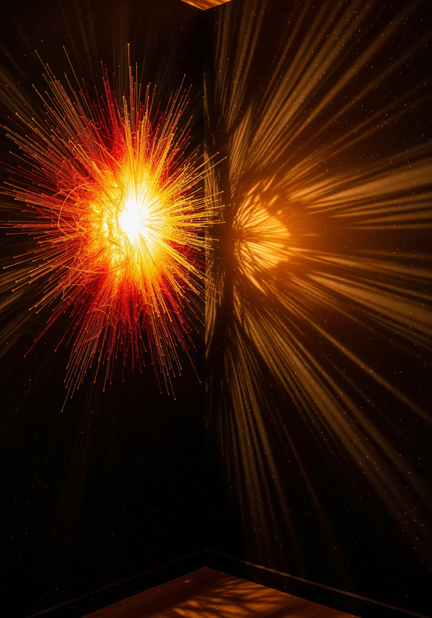 A ball of thread with a light inside, creating an explosive starburst of light and shadow.