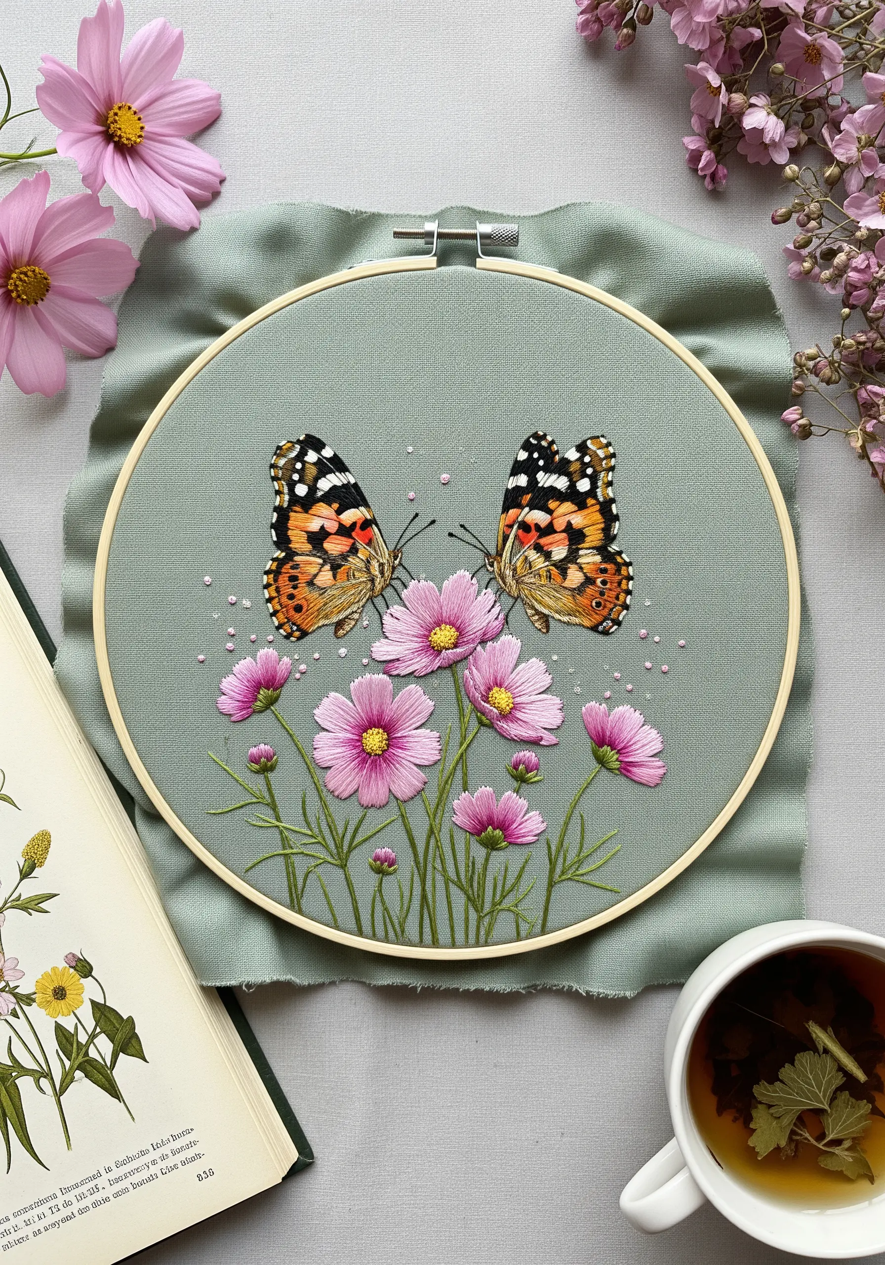 Two Painted Lady butterflies on pink cosmos flowers, embroidered on sage green fabric.