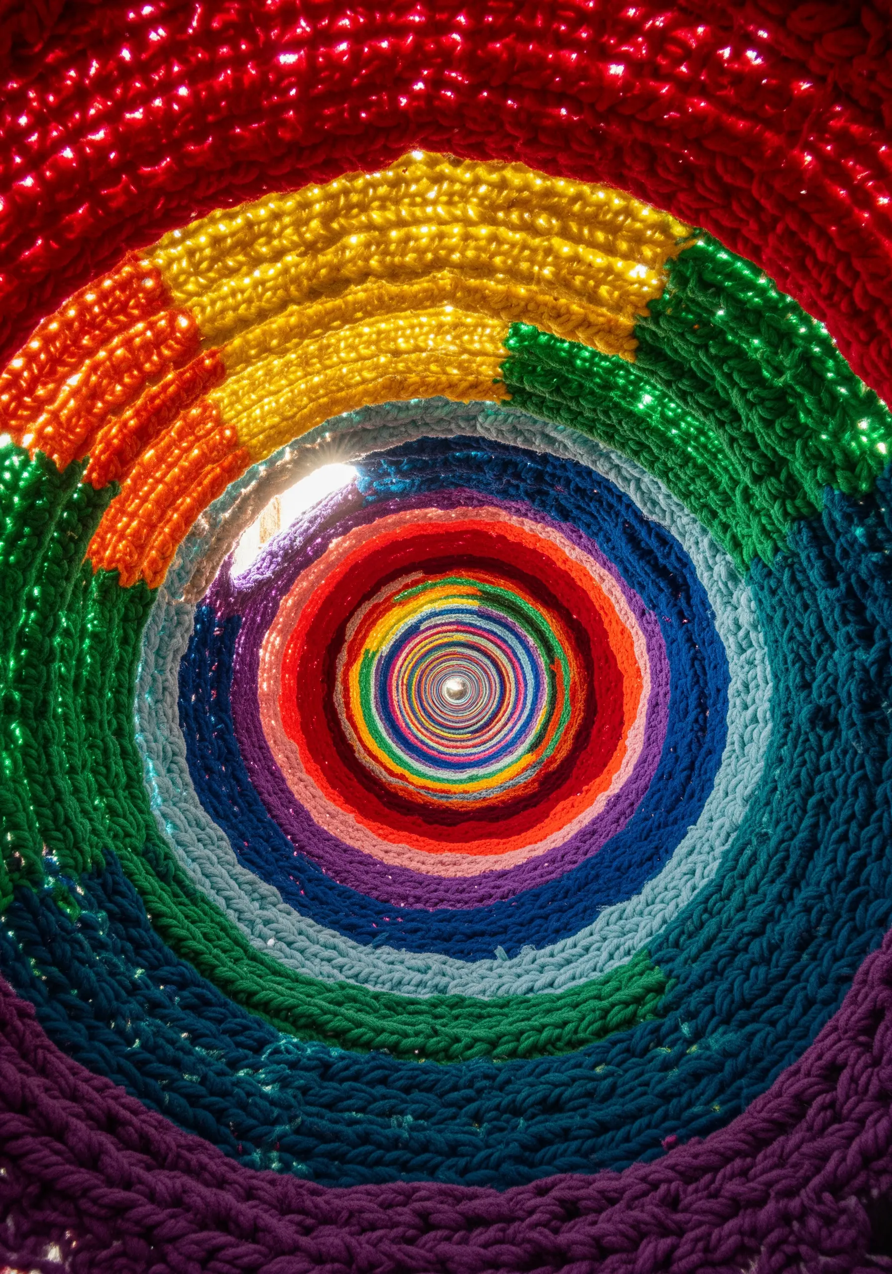 A close-up view looking down a brightly colored rainbow crocheted tunnel.