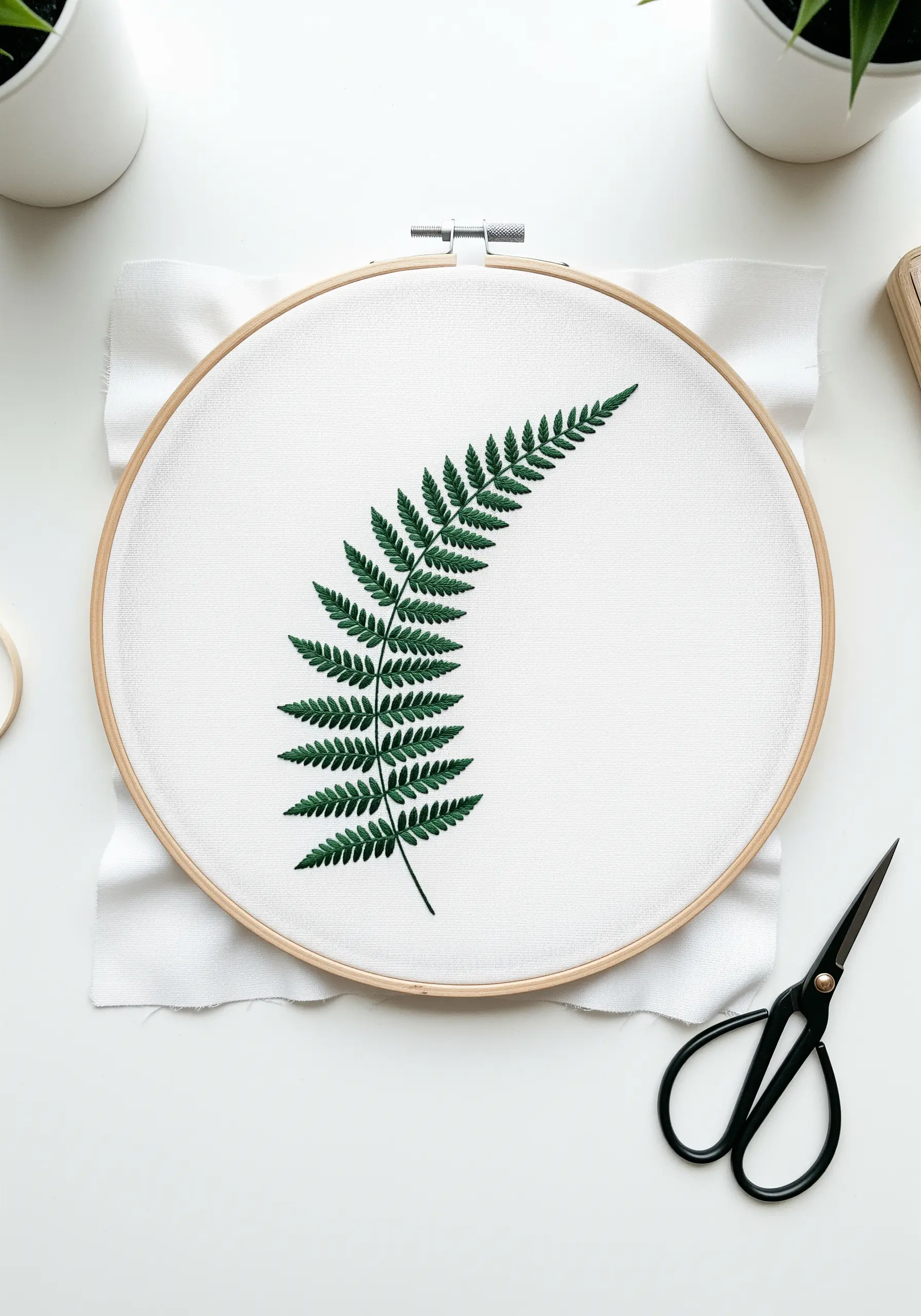 A realistic fern leaf embroidered with shades of green to create a gradient effect.